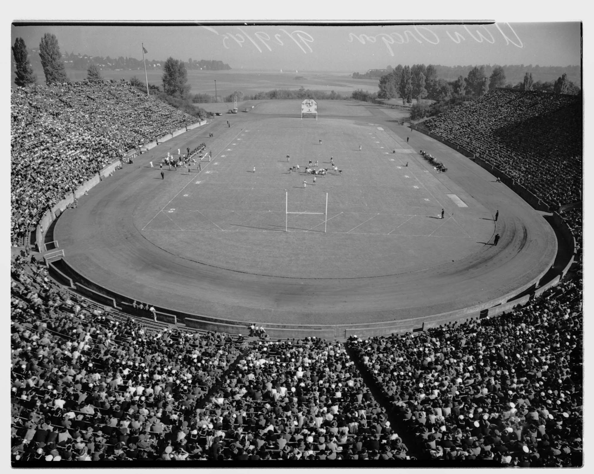 Image of Aerial view of Husky Stadium during a football game, Seattle, September 29, 1945