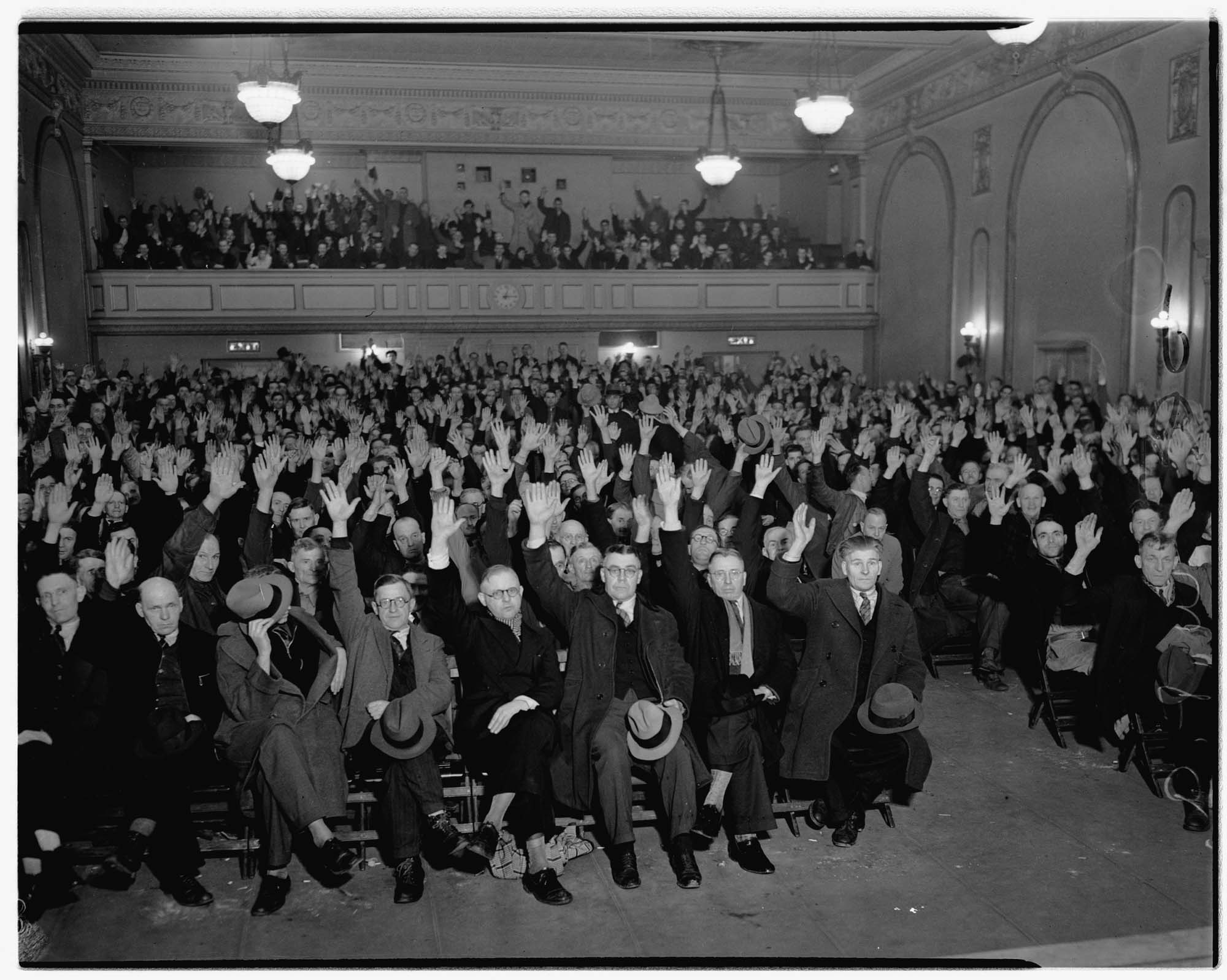 Image of WPA workers vote to strike inside Eagles Hall, Seattle, 1937