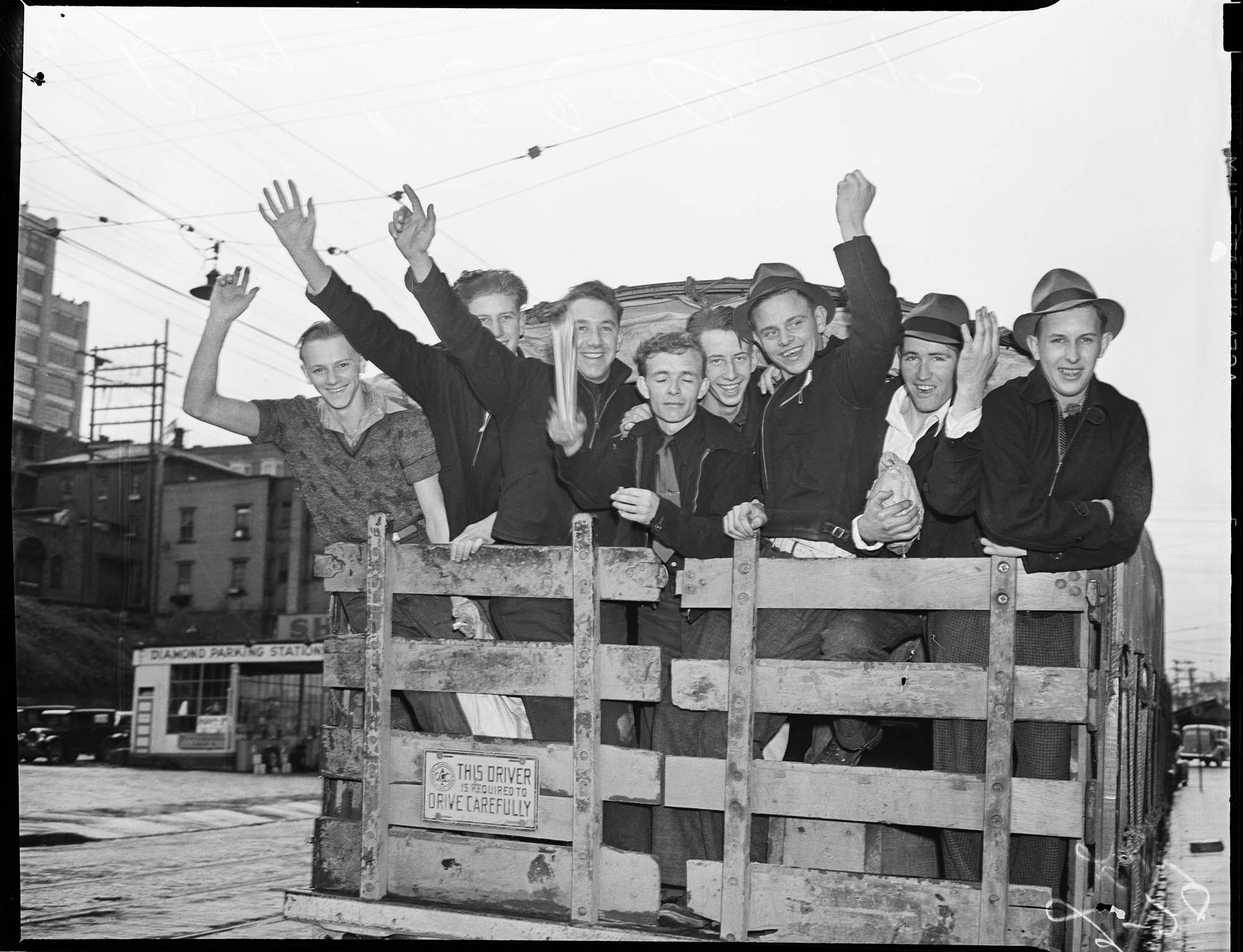 Image of Young men leaving Seattle for a Civilian Conservation Corps camp, April 14, 1937
