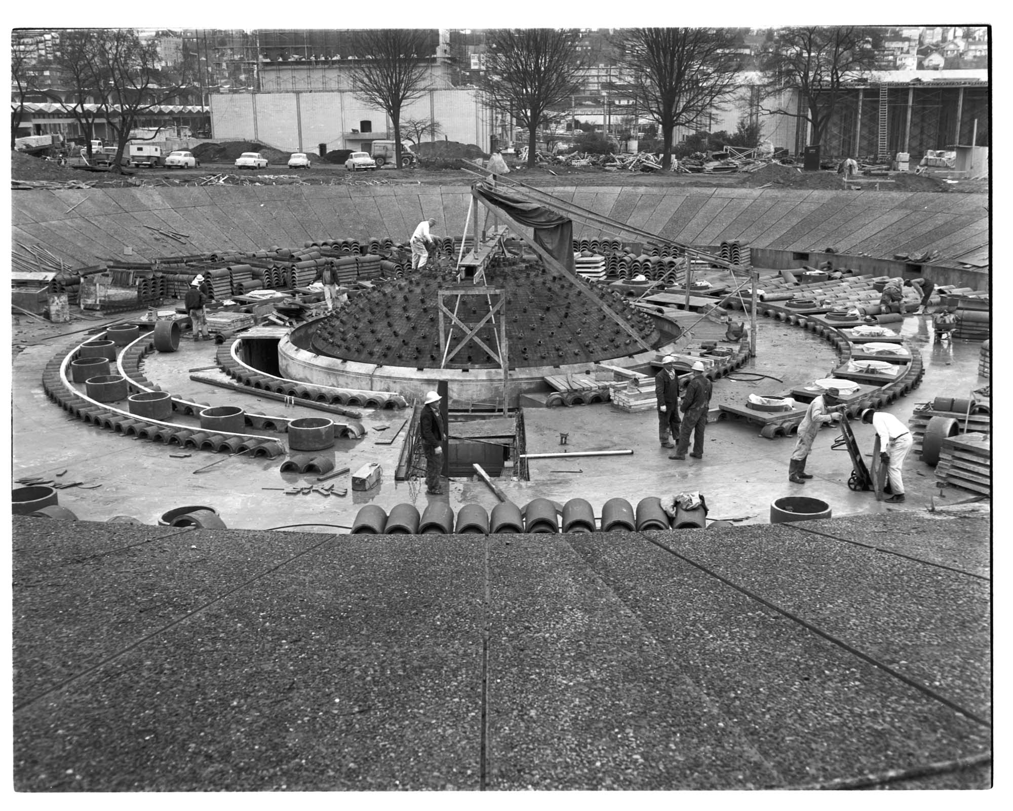 Image of The  International Fountain under construction for the Seattle World's Fair, 1961