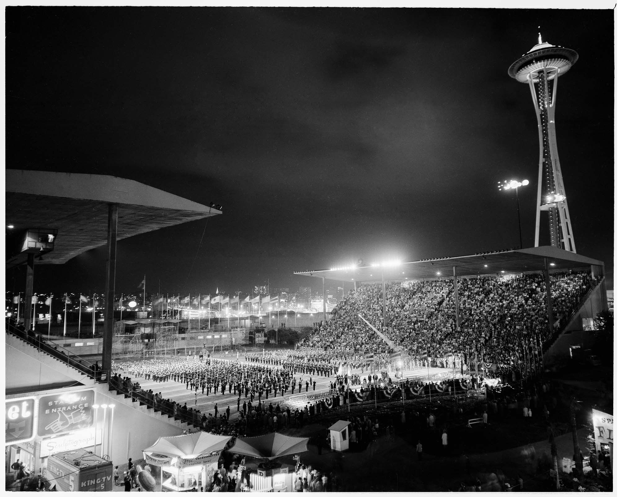 Image of Night view of closing ceremonies in Memorial Stadium, Seattle World's Fair, 1962