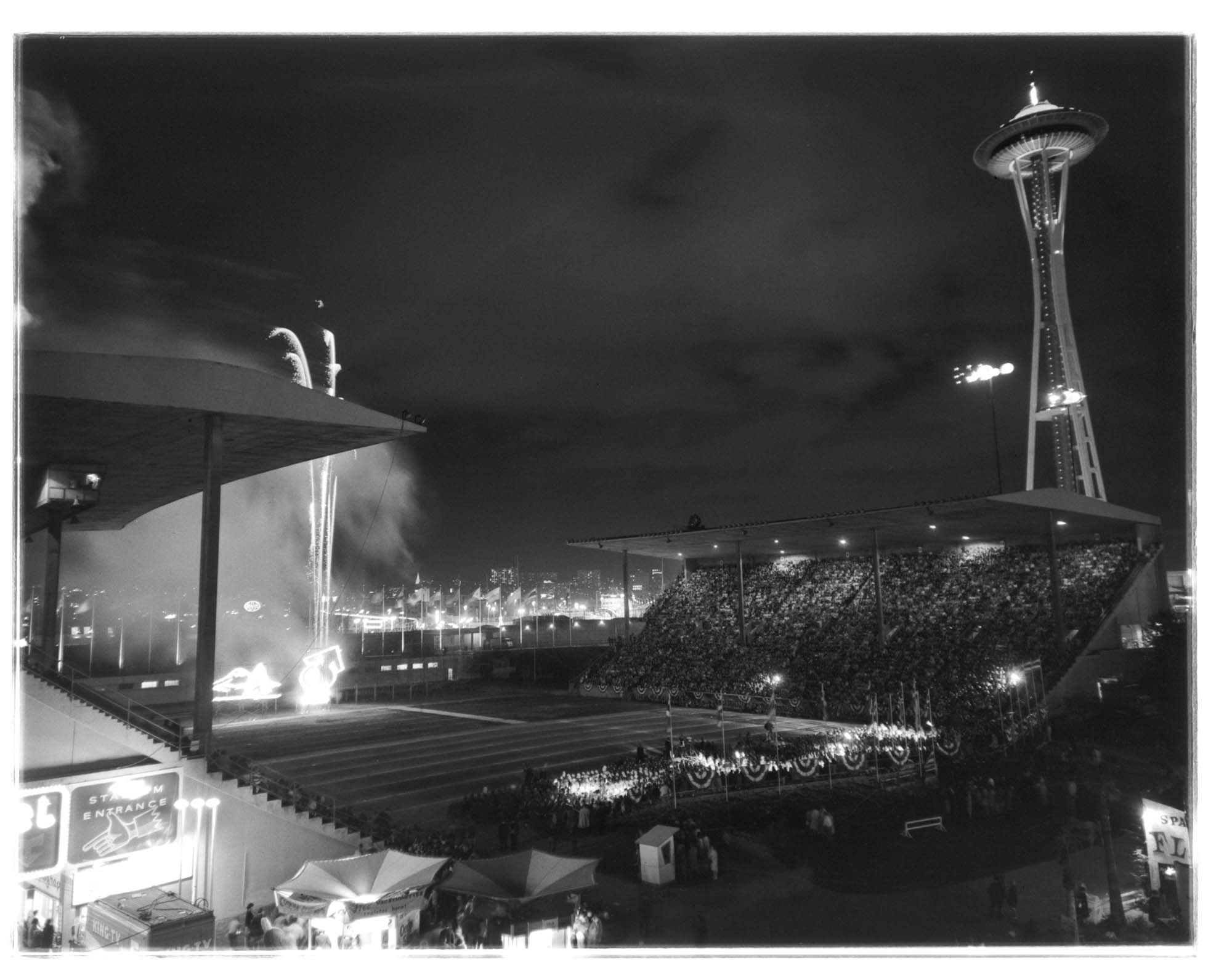 Image of Fireworks in Memorial Stadium during the closing ceremonies of the Seattle World's Fair, 1962