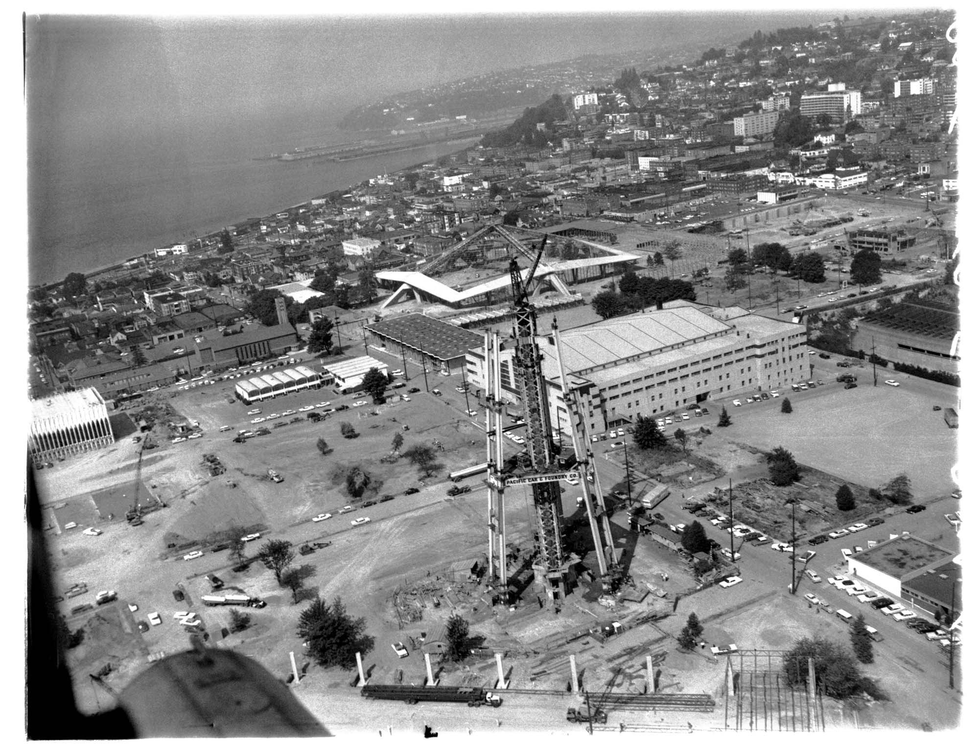 Image of Aerial view, looking northwest, of the construction of the Space Needle, Seattle, 1961