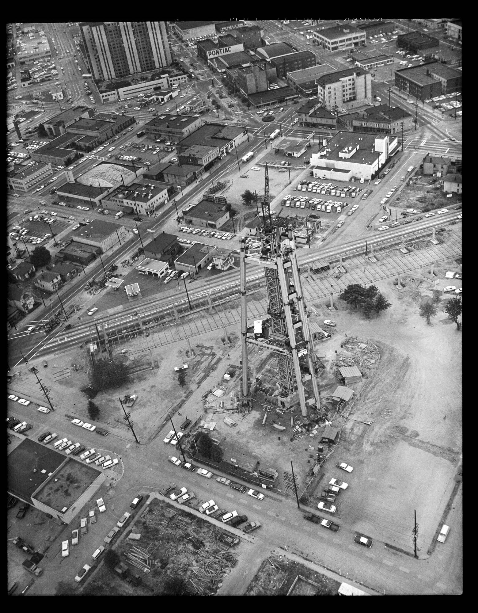 Image of Aerial view of construction of the Space Needle, Seattle, 1961