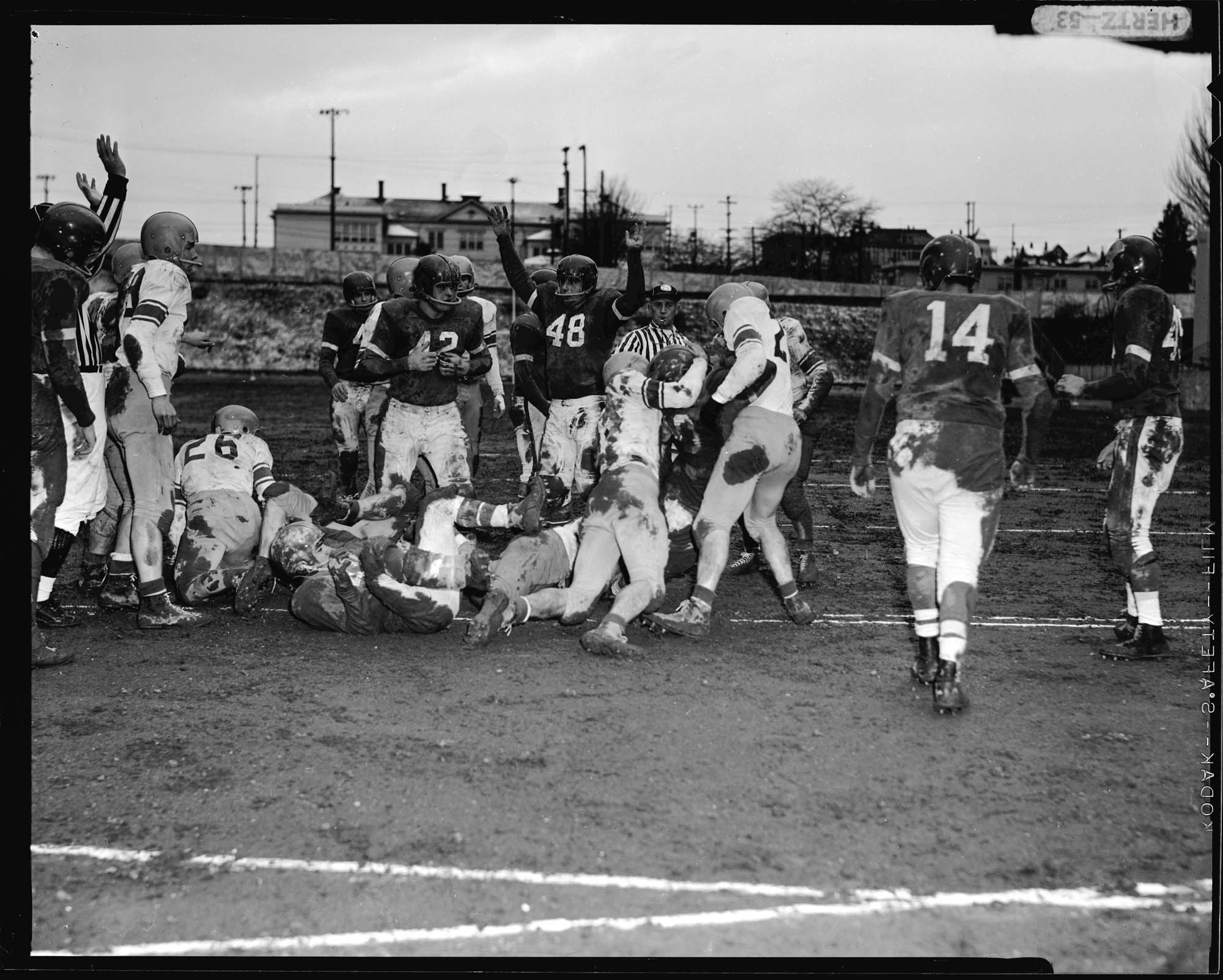 Image of Cleveland versus West Seattle high school football game, Seattle, 1955