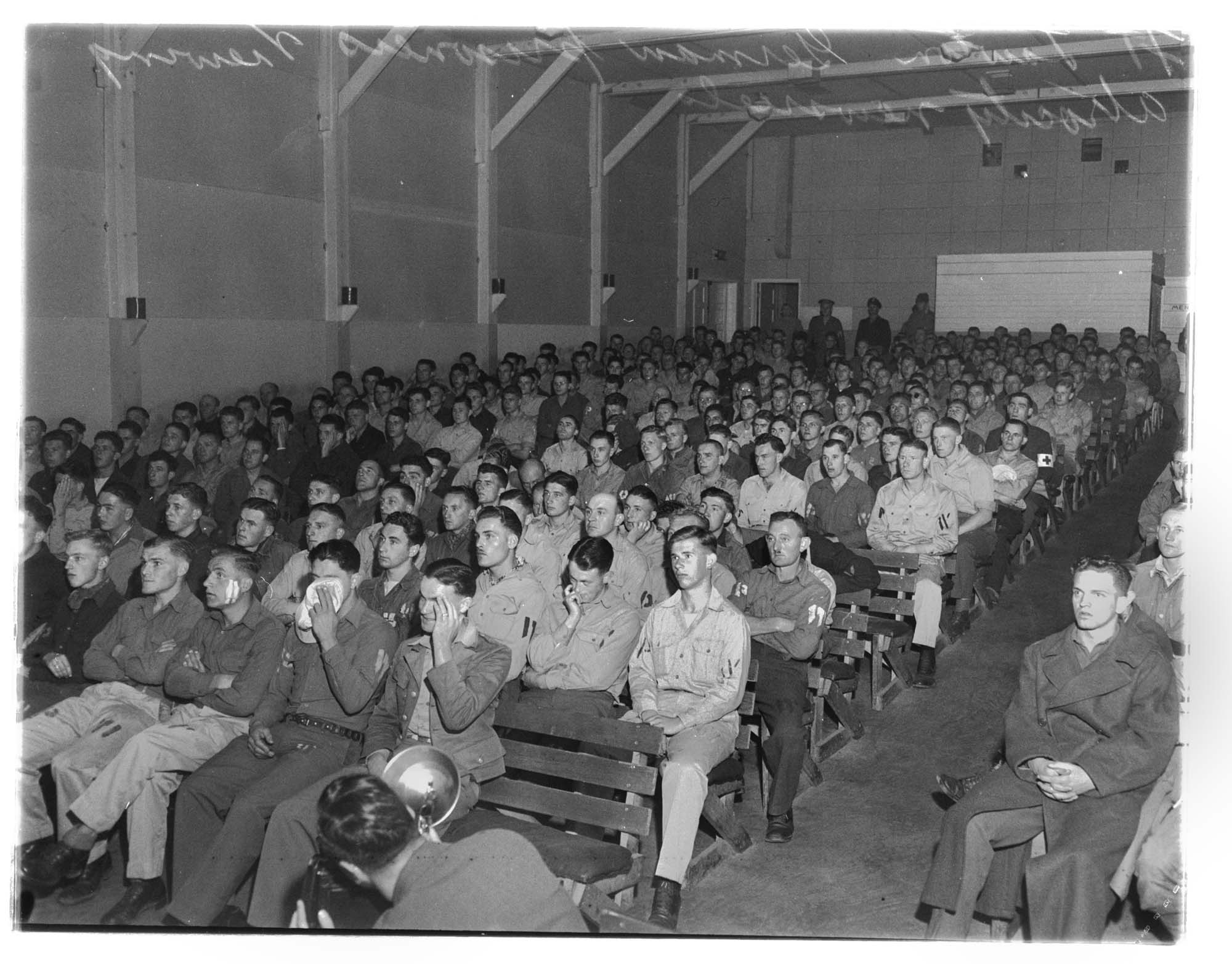 Image of German prisoners viewing atrocity newsreels at Fort Lawton, Seattle, 1945