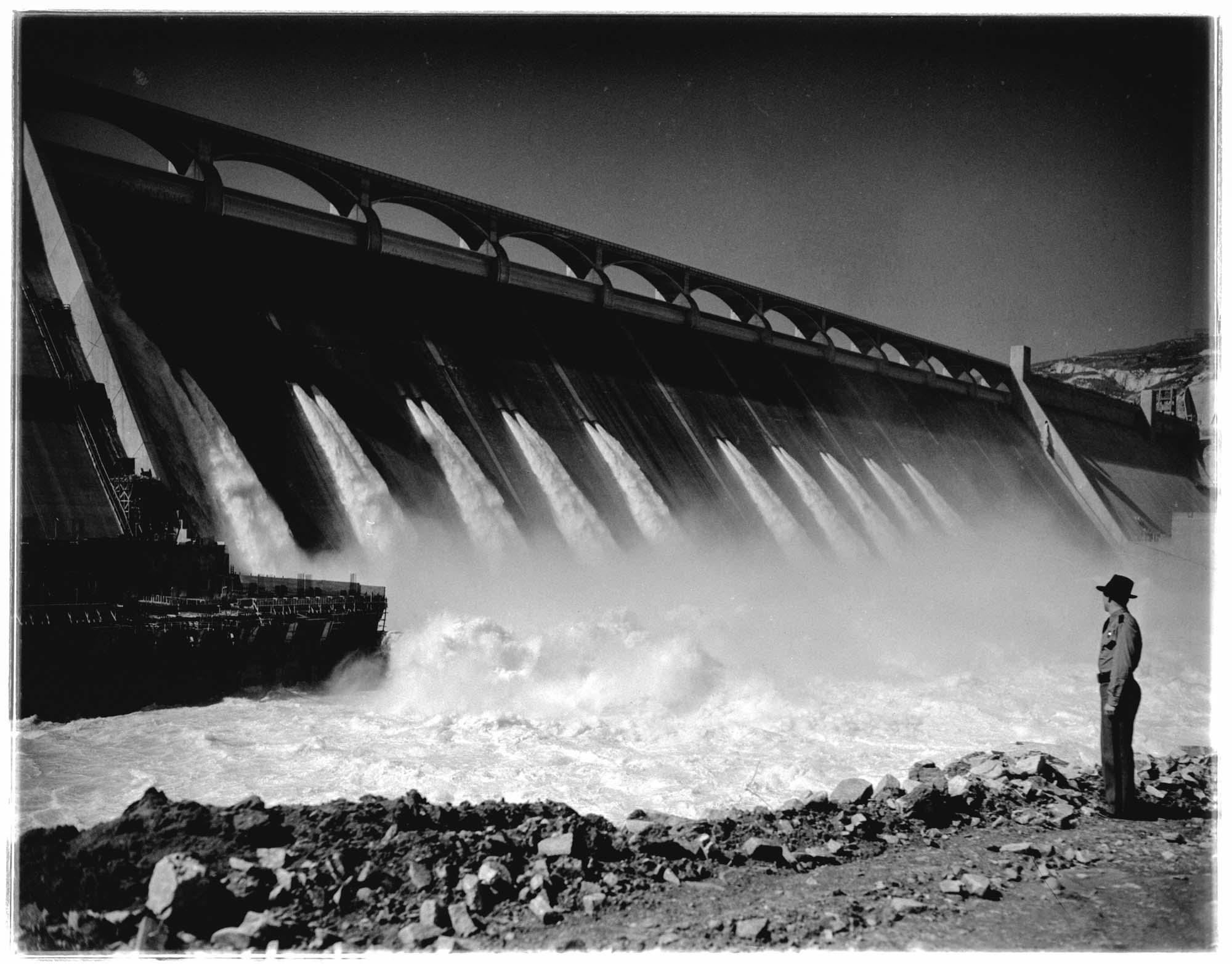Image of Open spillway at the Grand Coulee Dam, Columbia River Basin, Washington, 1942