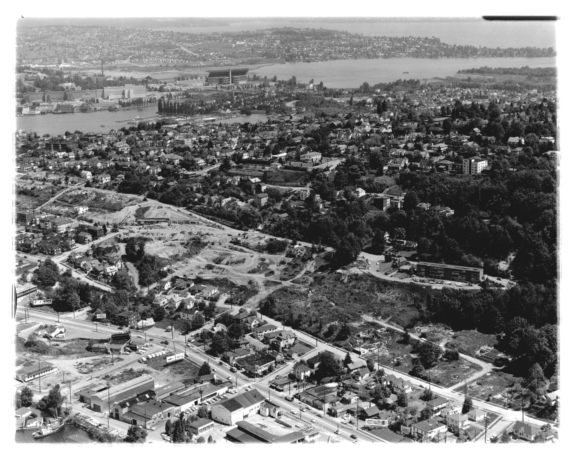 Image of Aerial view,  looking northeast, of the construction of Interstate 5, Lakeview Boulevard section, Seattle, circa 1958