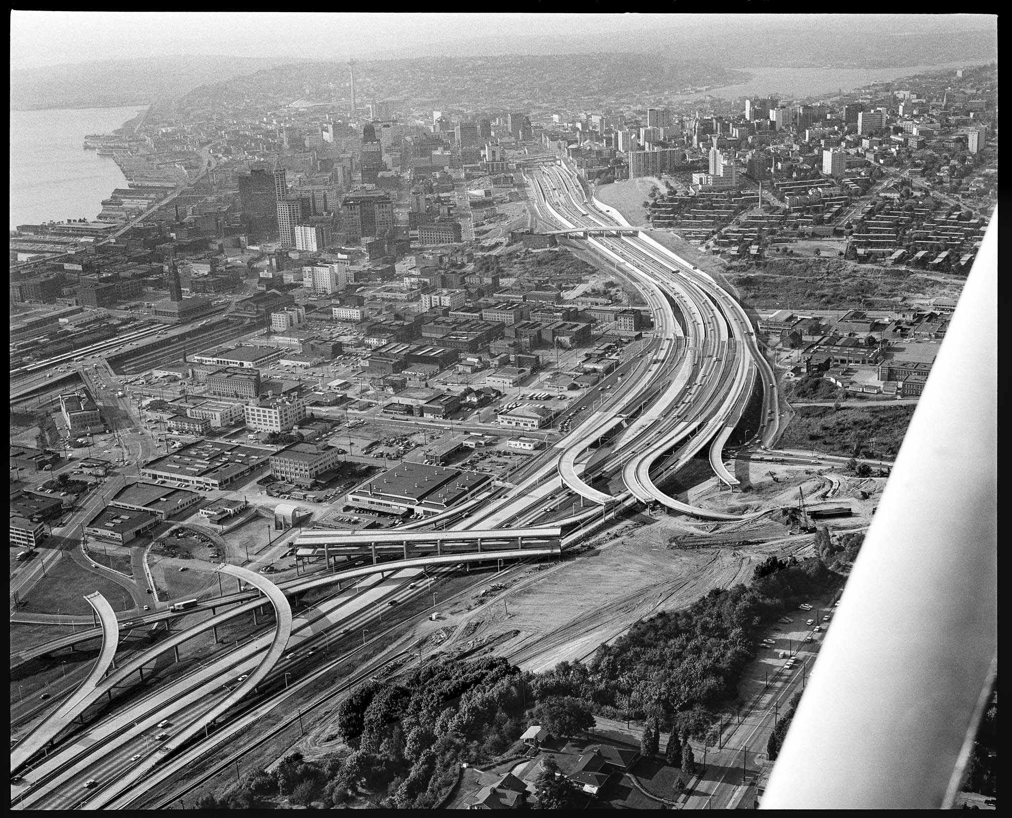 Image of Aerial of freeway construction, Seattle, 1967