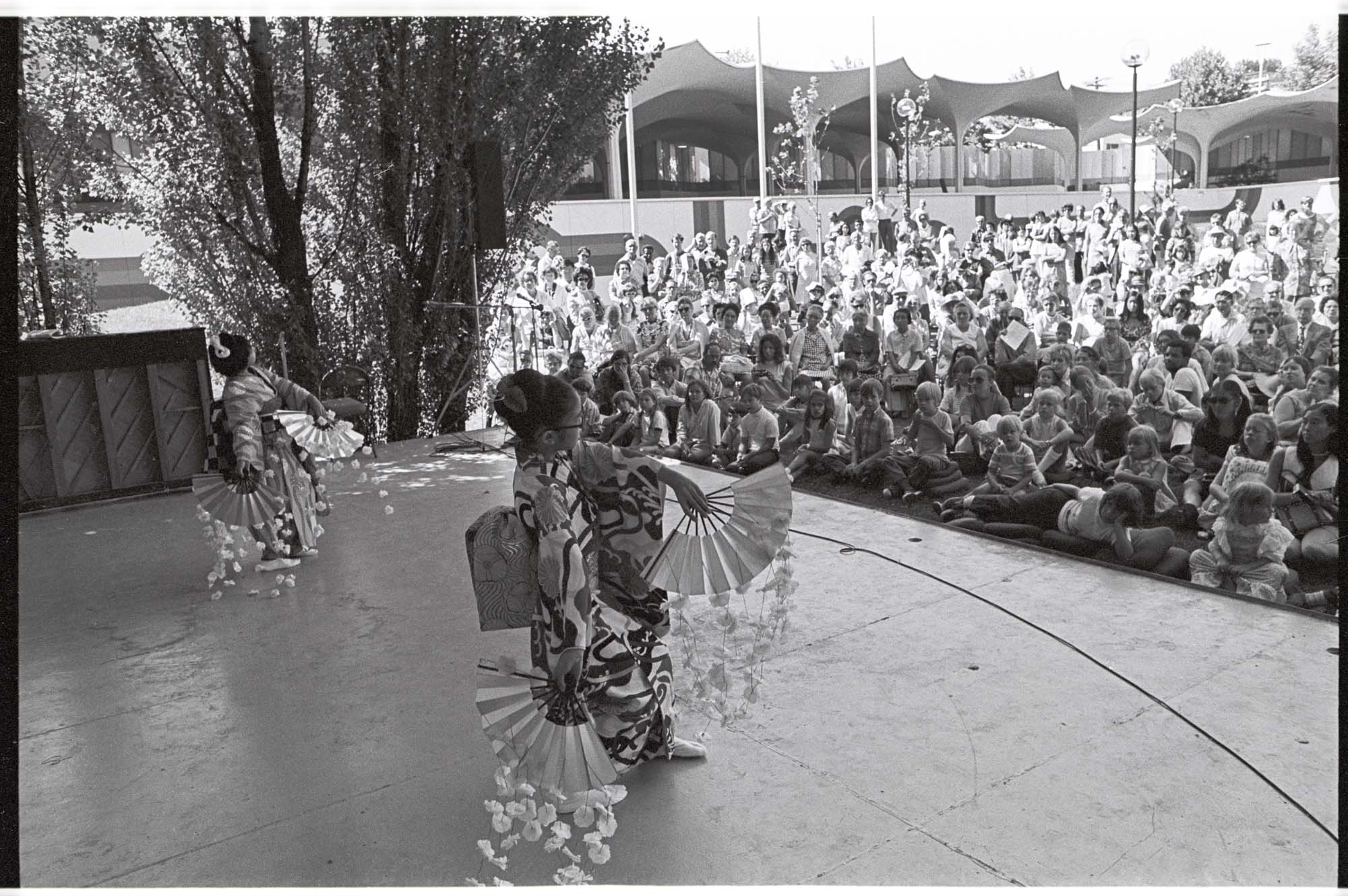 Image of Japanese dancers performing at the Northwest bandshell at Festival 71, Seattle Center, August 1971
