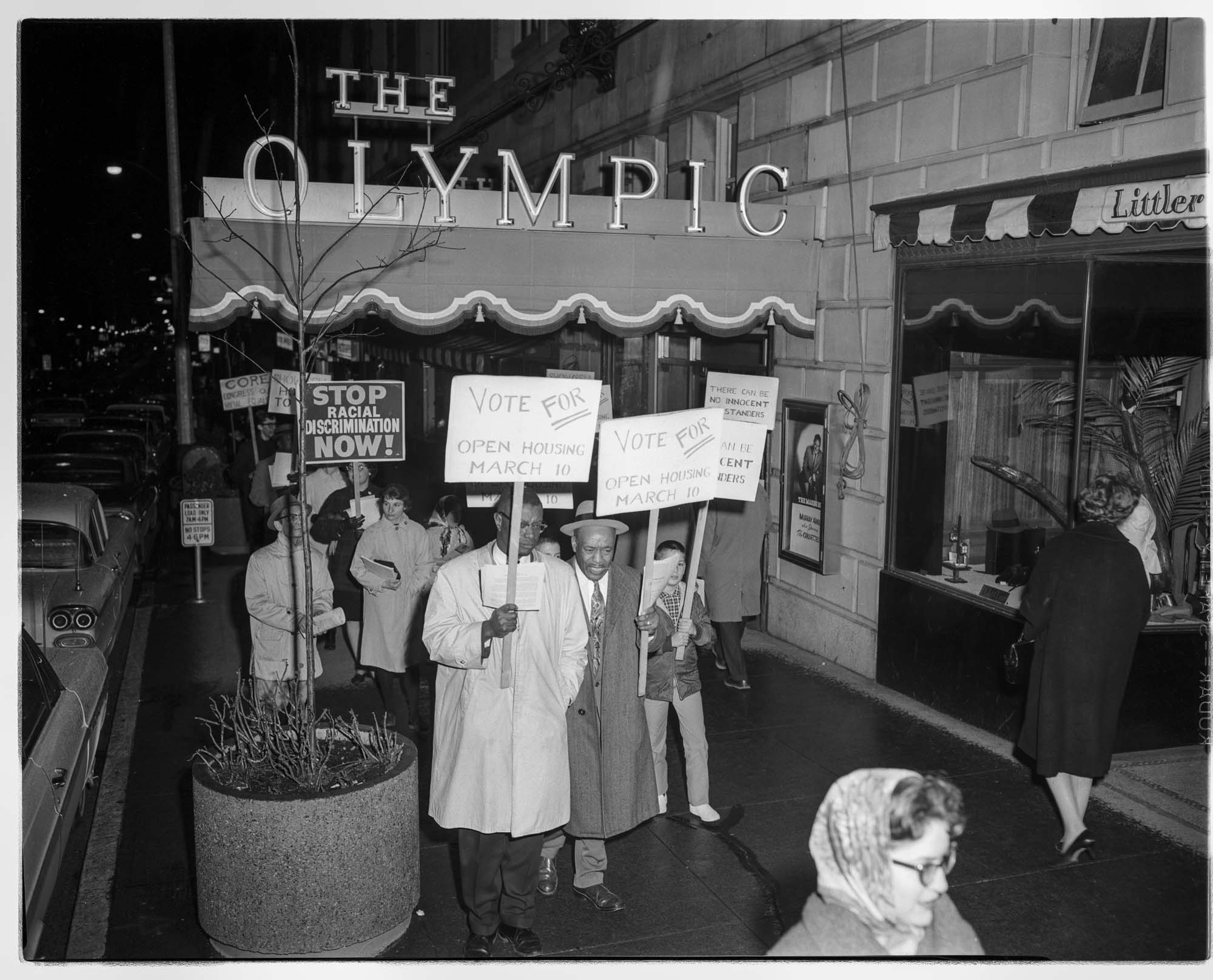 Image of Civil rights marchers in front of Olympic Hotel, Seattle, 1964