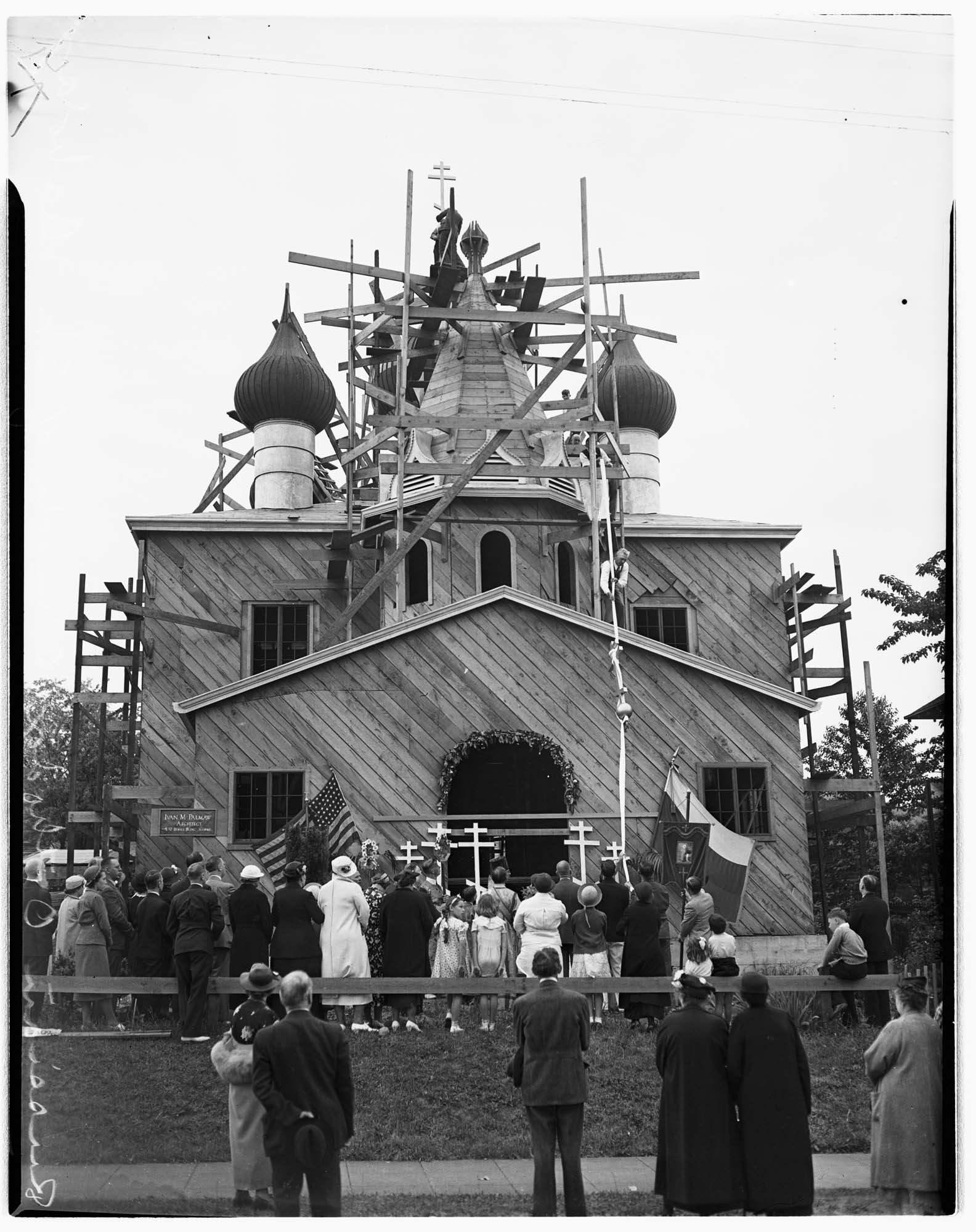 Image of St. Nicholas Russian Orthodox church during construction, Seattle, 1937