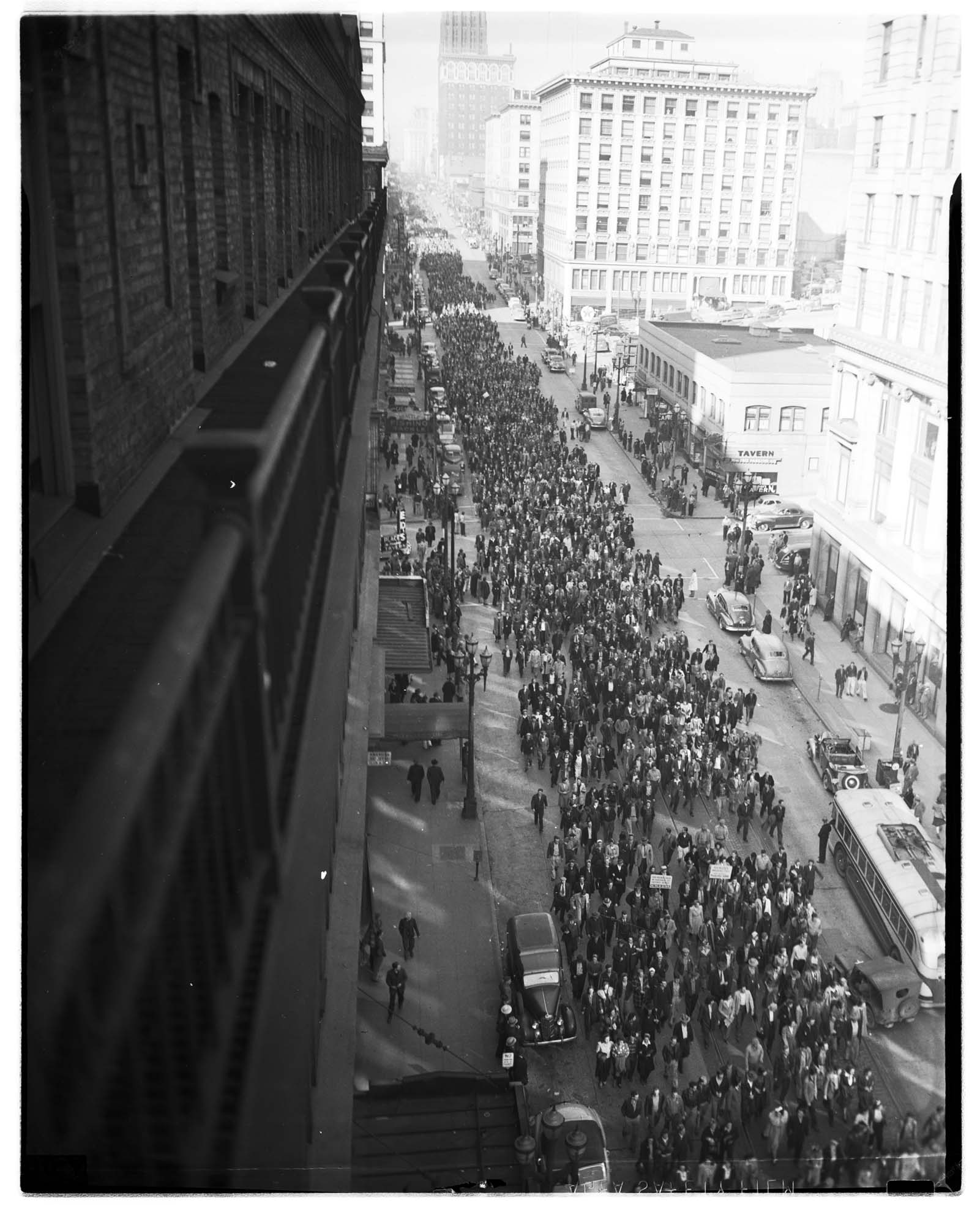 Image of Boeing workers marching through downtown Seattle, 1943