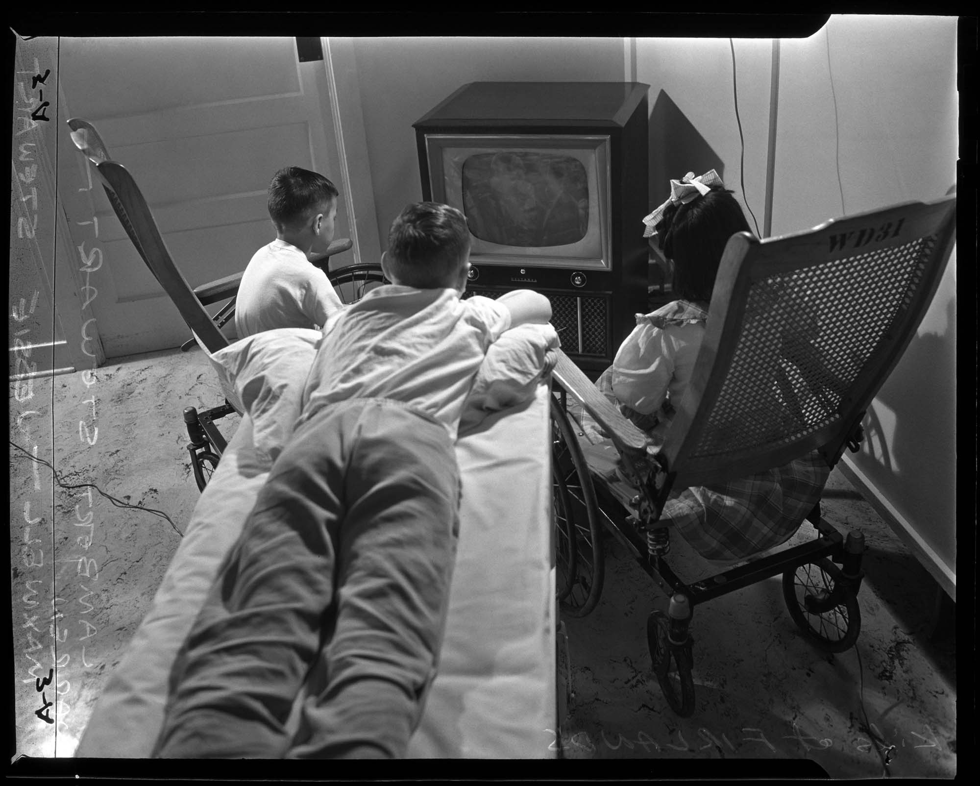 Image of Children watching television at Firland sanatorium, Seattle, 1952
