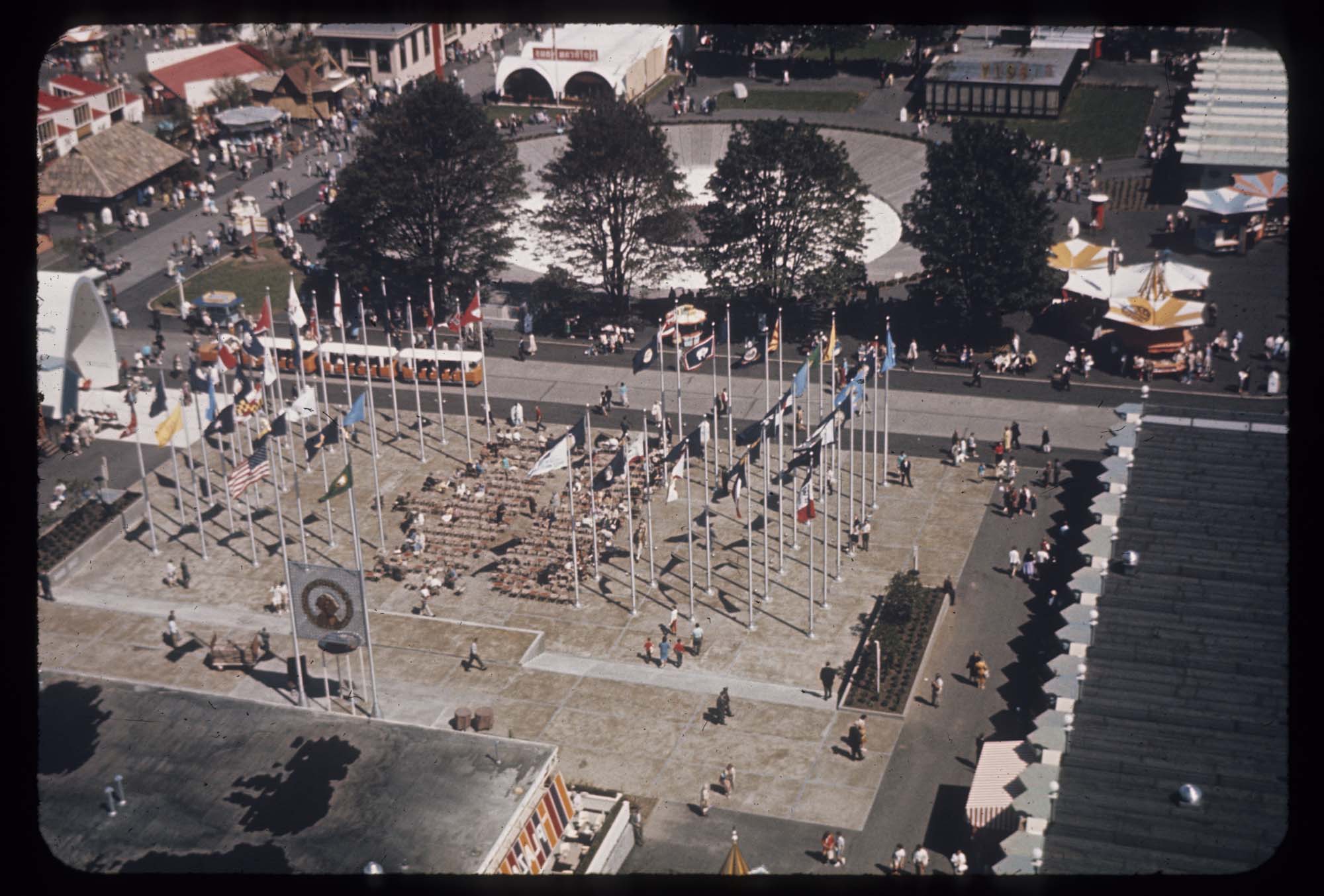 Image of Aerial view of the Plaza of the States, Seattle World's Fair, 1962