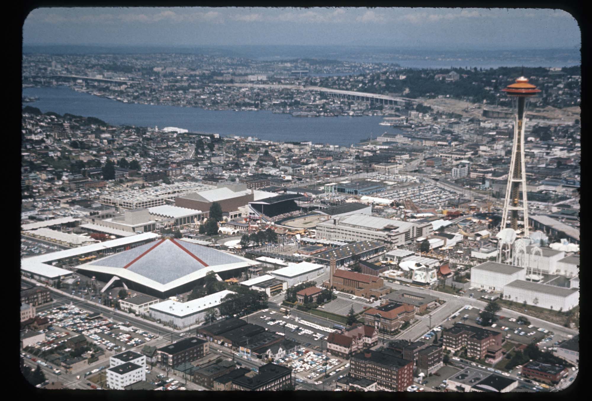 Image of Aerial view of the Seattle World's Fair grounds, looking northeast, 1962