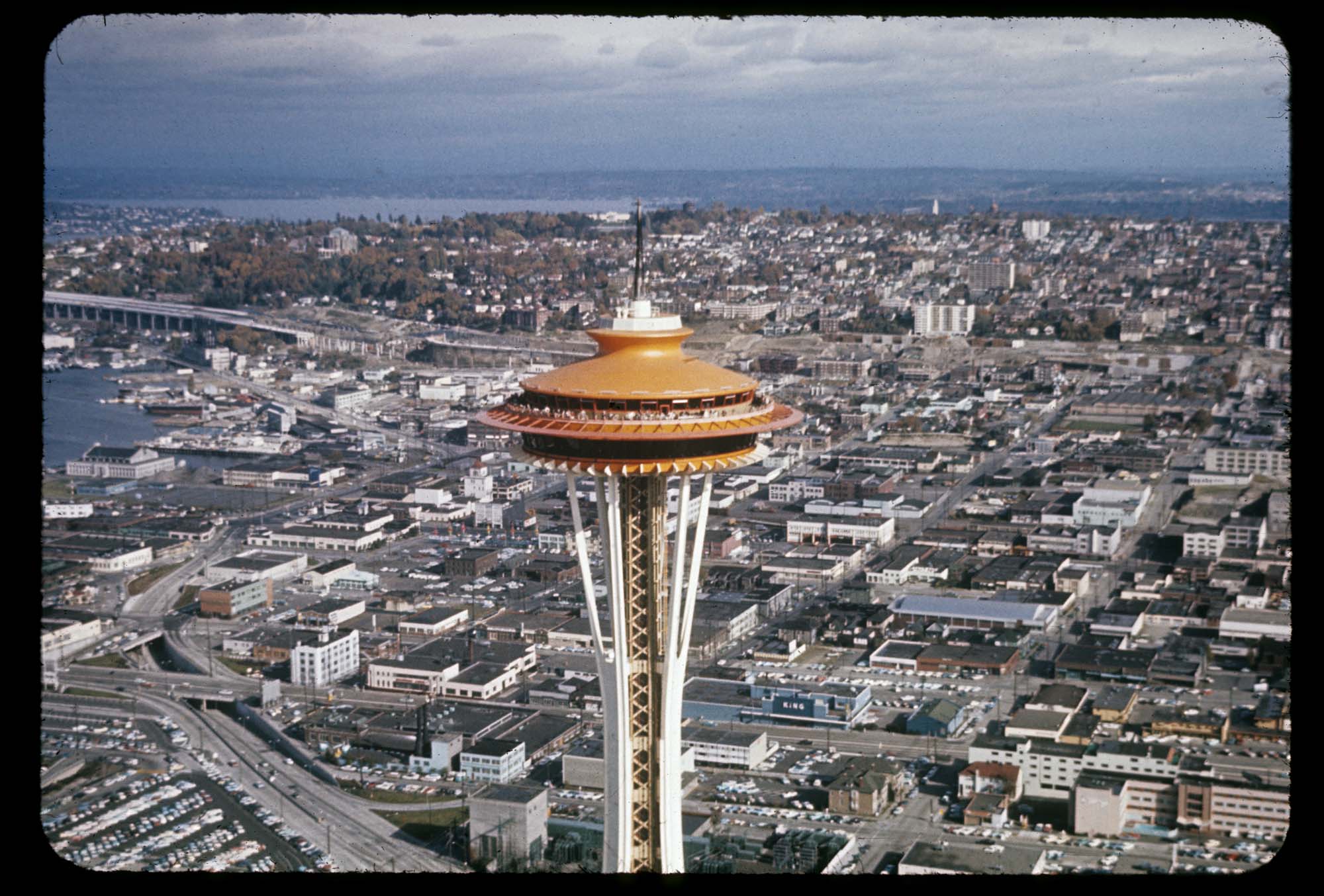 Image of Aerial view, looking northeast, of the top of the Space Needle, Seattle, 1962