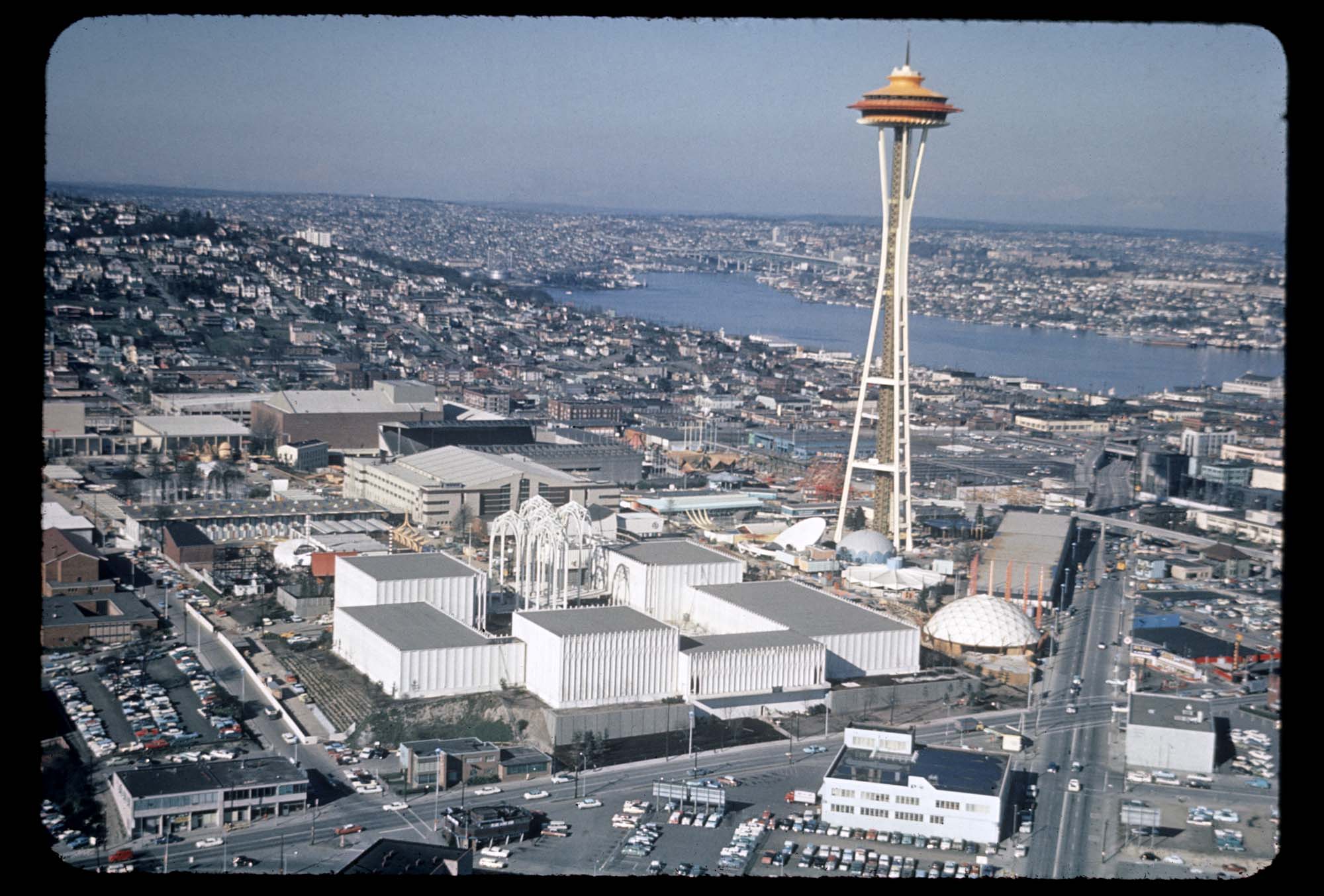 Image of Aerial view, looking north, of the Space Needle and Seattle World's Fair grounds, 1962