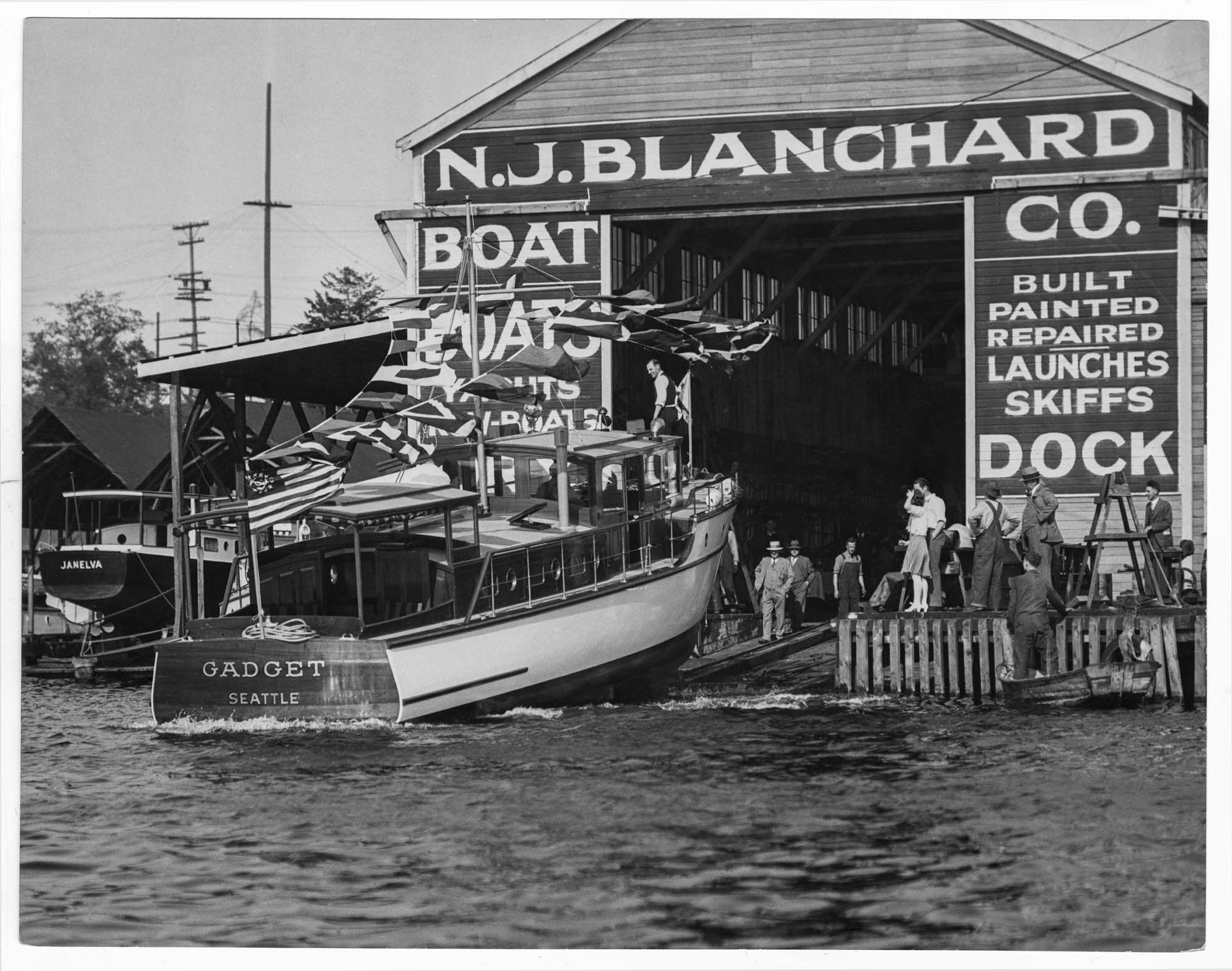 Image of Launching of the Gadget at Blanchard Boat Company, 1928