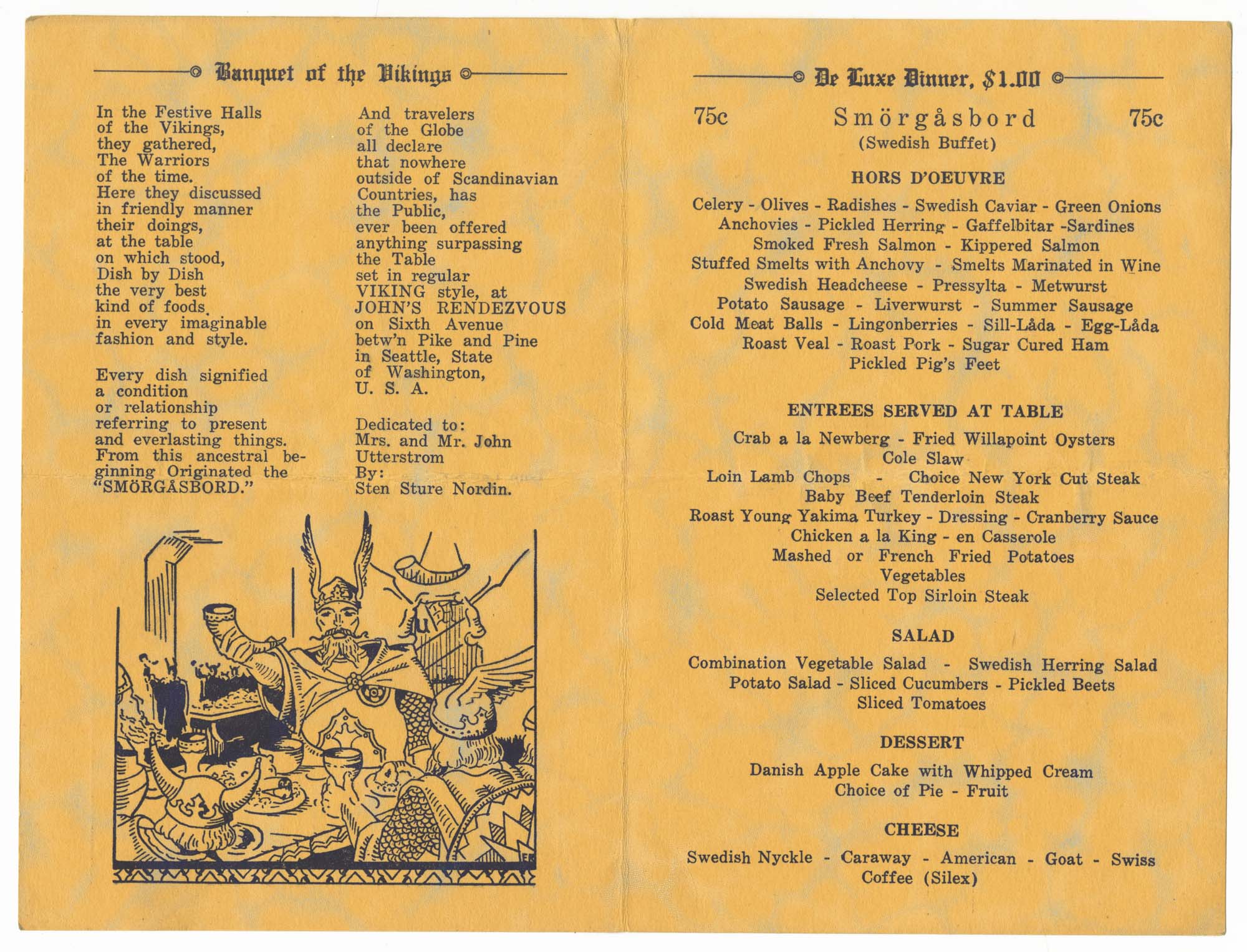 Image of John's Rendezvous menu, circa 1930