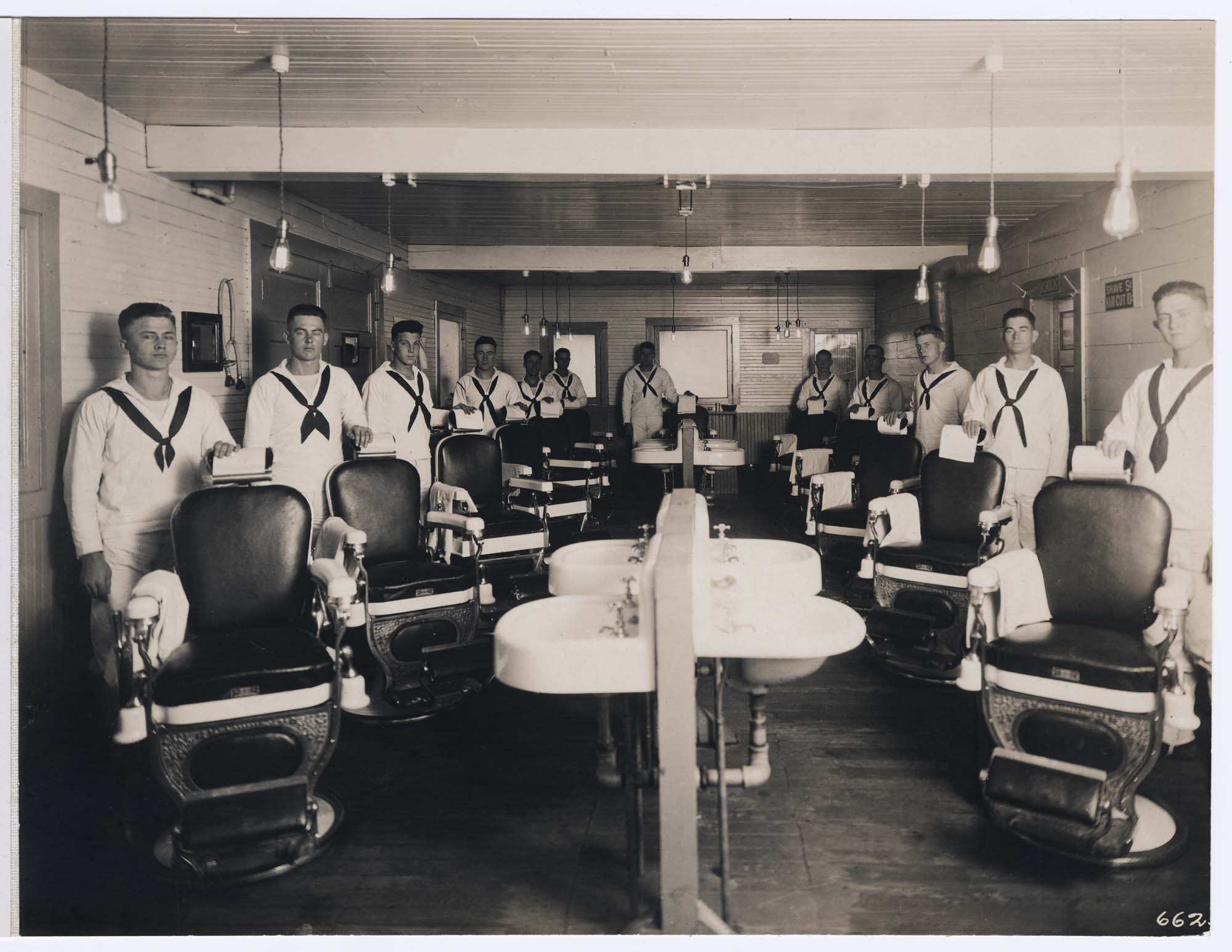 Image of Barber shop at the U.S. Naval Training Station, University of Washington, 1917-1918