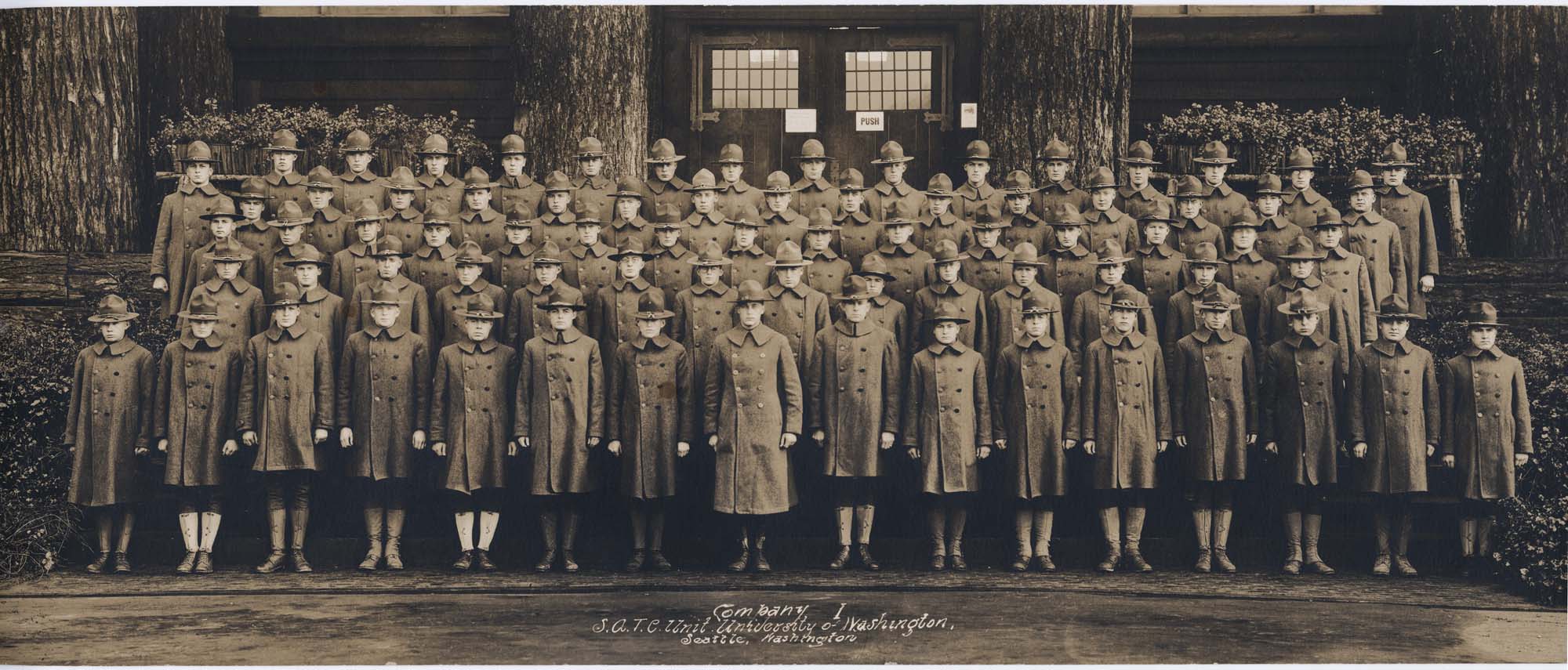 Image of Students' Army Training Corps group on steps of Washington State Museum, University of Washington campus, circa 1918