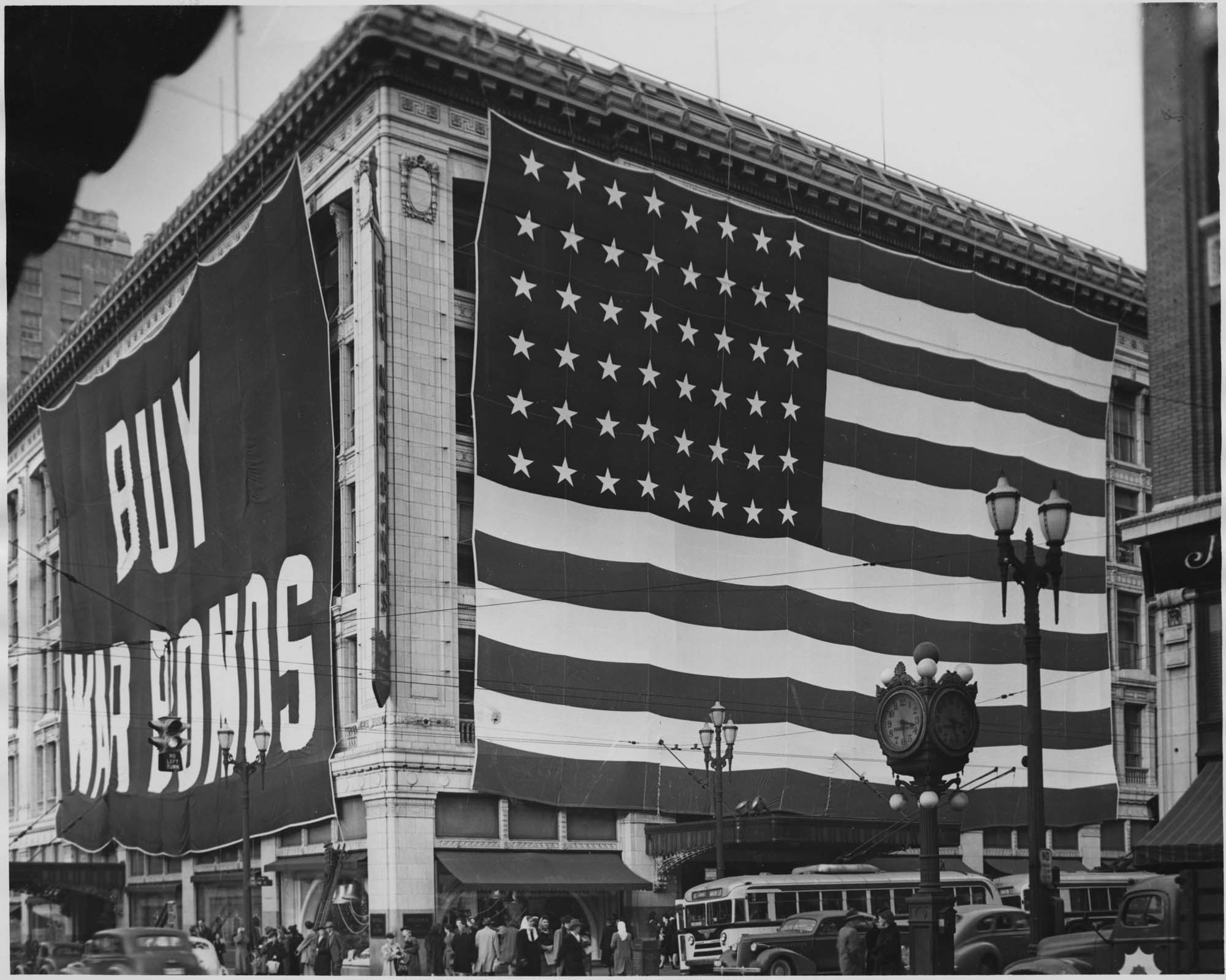 Image of War bonds sign and flag at Frederick & Nelson, Seattle, circa 1943