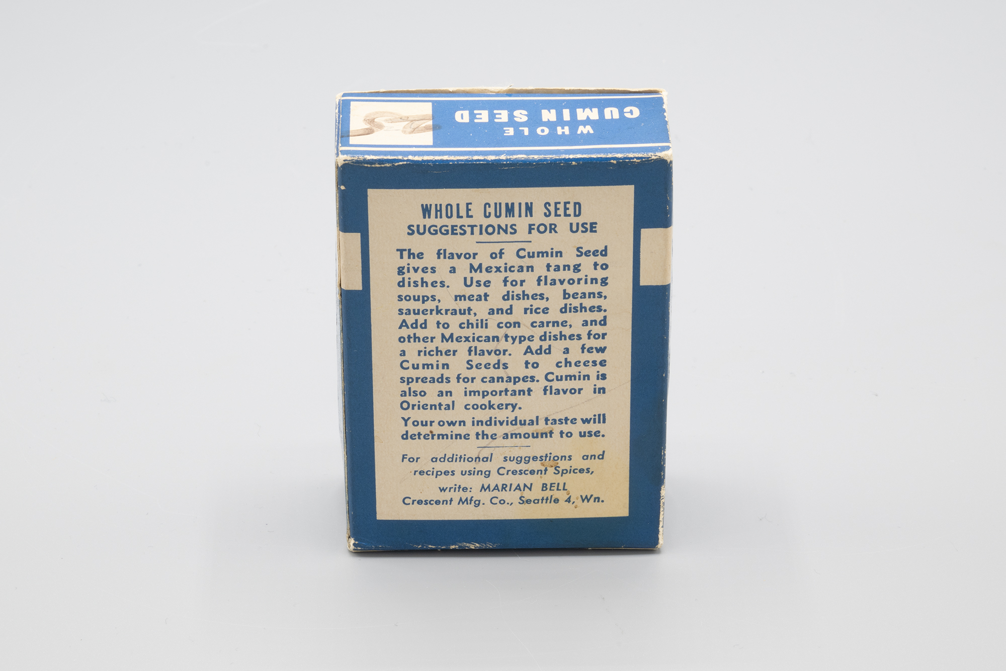 Image of Box for cumin seed from Crescent Manufacturing Company, ca. late 1950s