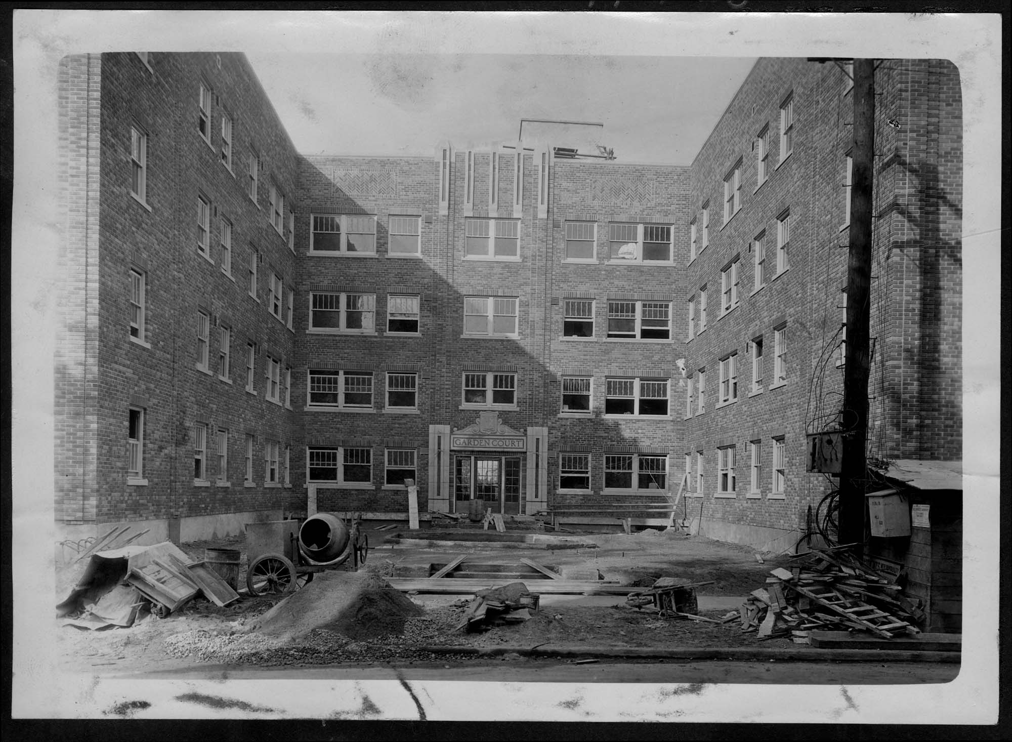 Image of Landscaping under construction at the Garden Court building, Seattle, circa 1929