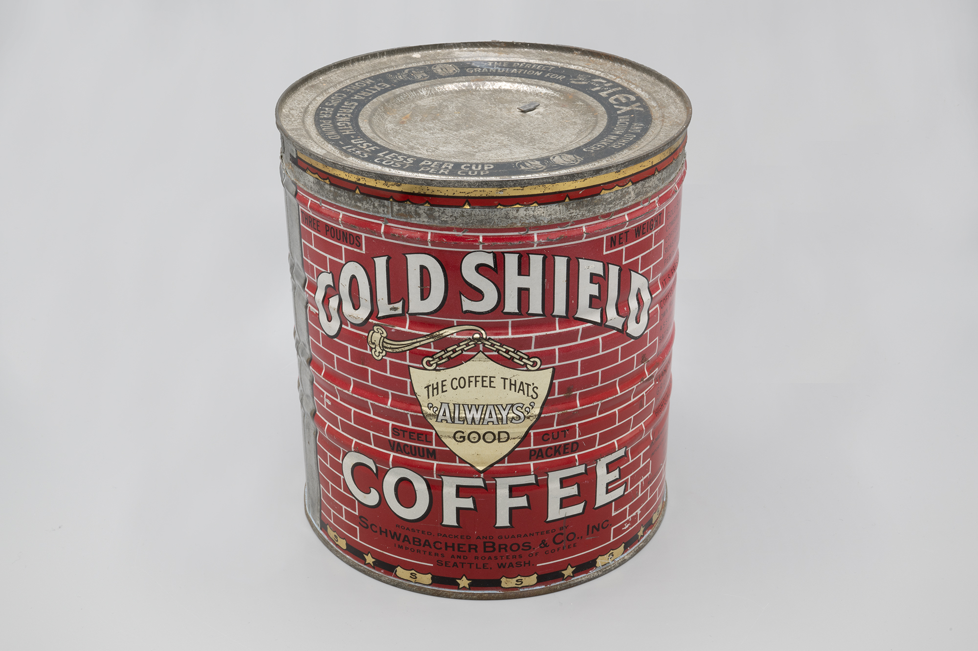 Image of Tin of Gold Shield Coffee, 3 lbs., from Schwabacher Bros. and Company, ca. 1910