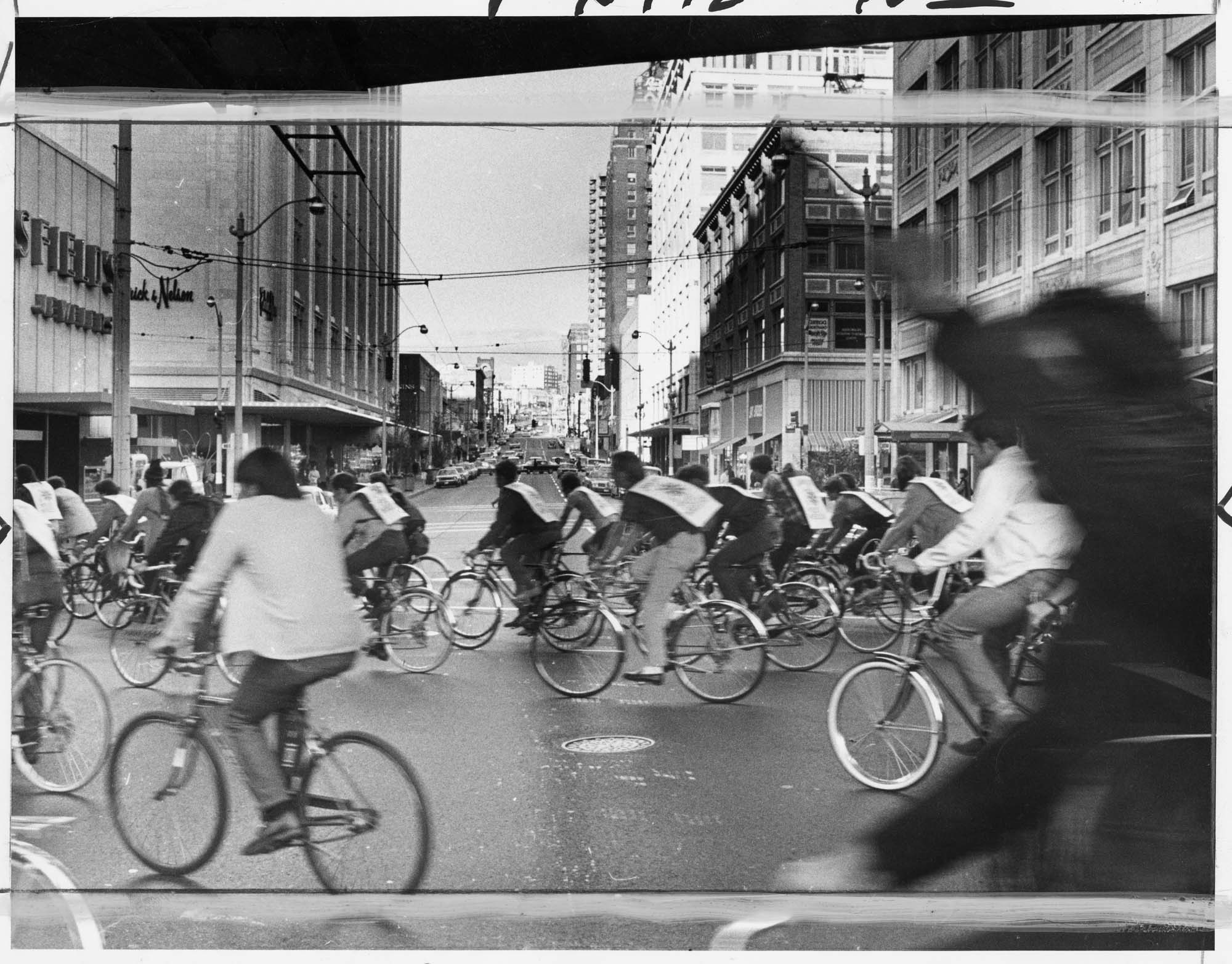 Image of Bicyclists riding near Westlake Mall in protest against automobiles, October 6, 1970