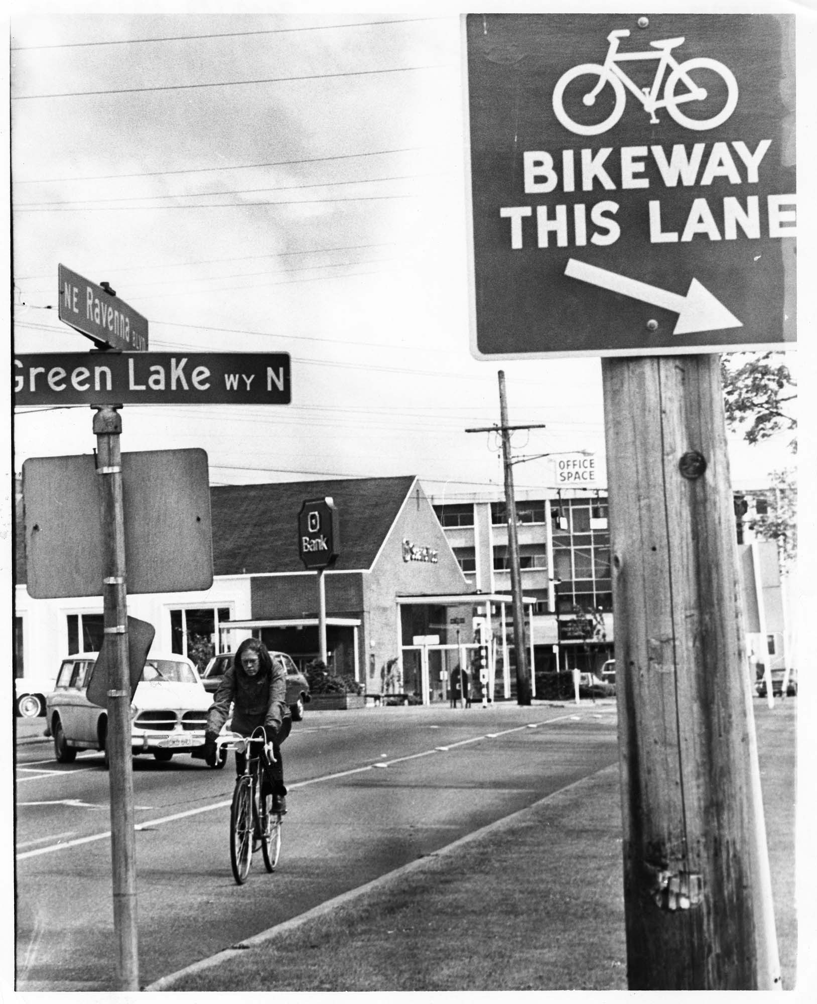 Image of Sign for Bike Lane on East Green Lake Way North, Seattle, May 1976