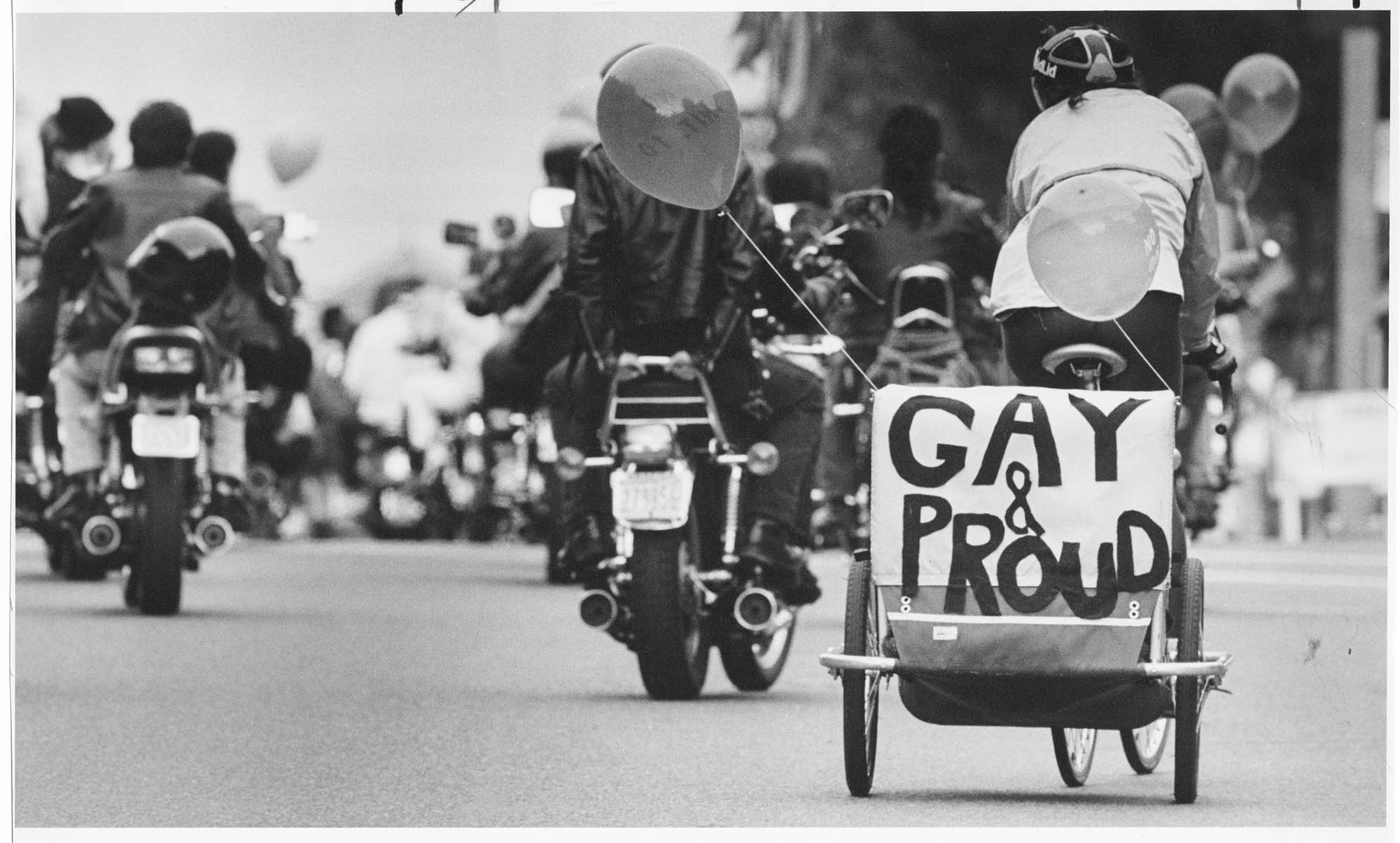Image of Motorcycles and a bicycle at front of  Pride Parade, Seattle, June 29, 1986