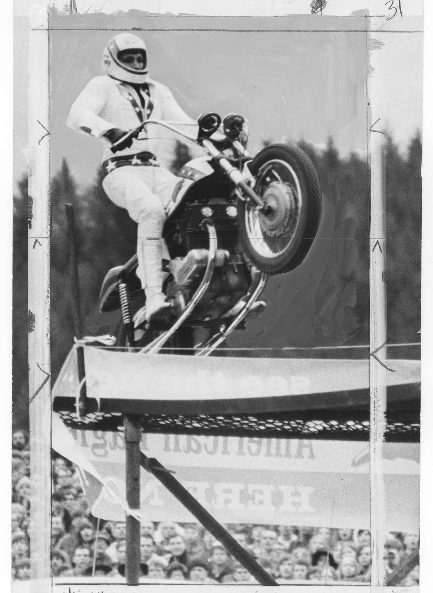 Image of Evel Kneivel attempting a 13-car jump, Seattle, April 5, 1970