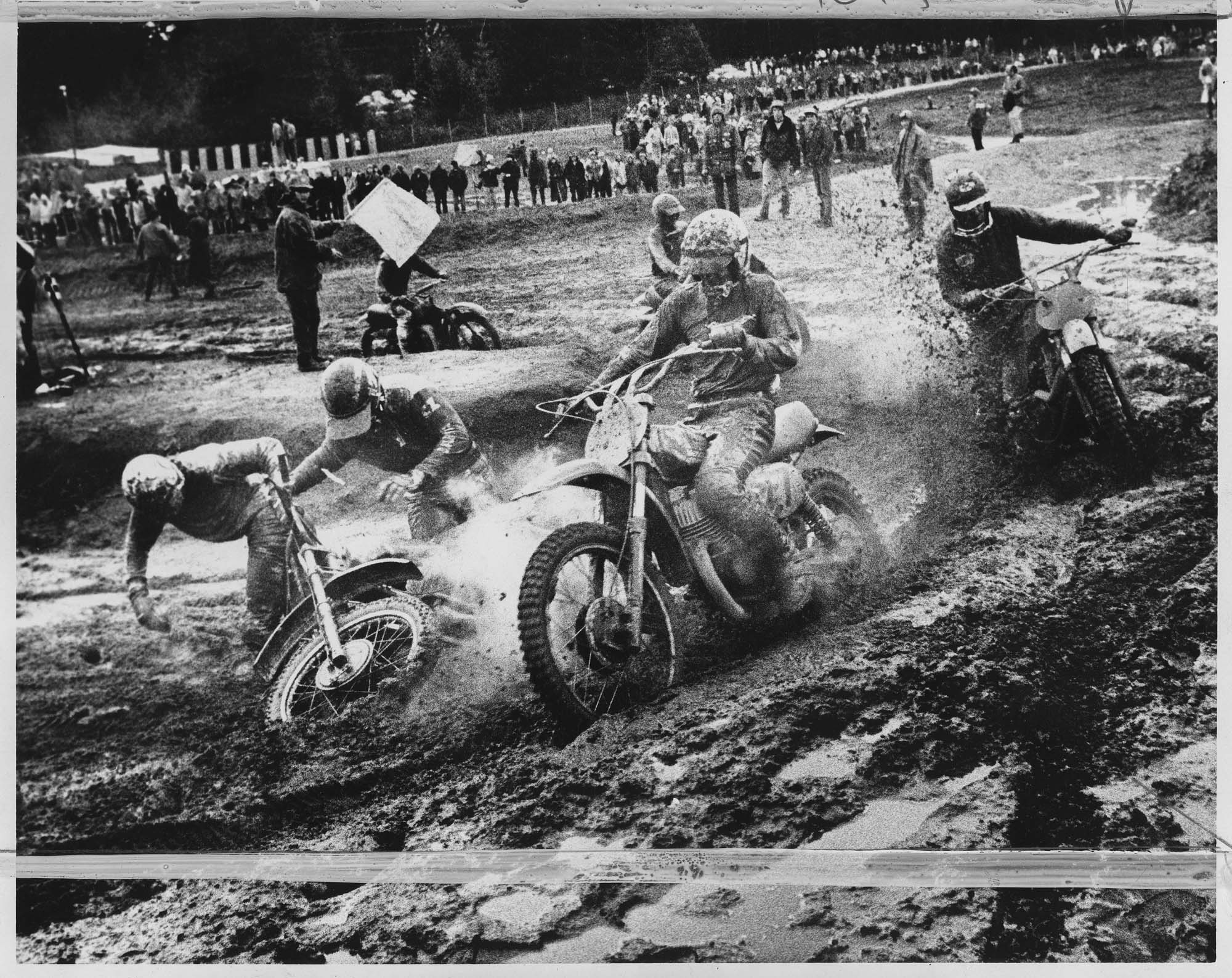 Image of Motocross racers in heavy mud at Puyallup Raceway Park, November 16, 1974