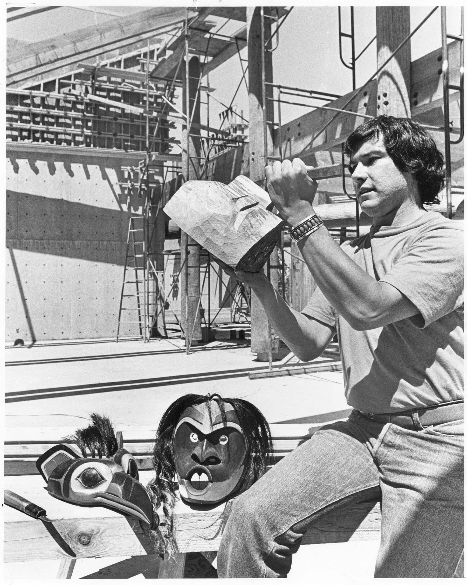 Image of Marvin Oliver sculpting a mask, Seattle, July 20, 1976