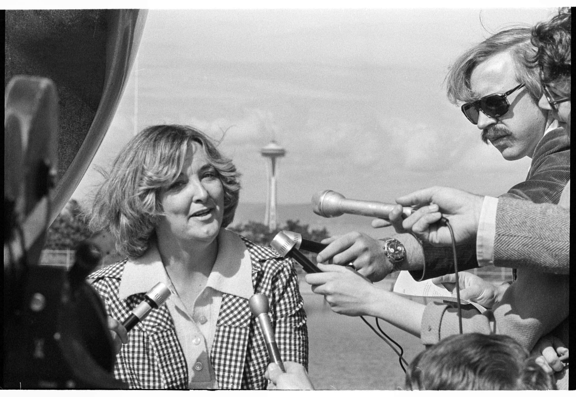Image of Peggy Maze, director of Neighbors in Need, announcing run for State Senate, Seattle, June 27, 1974