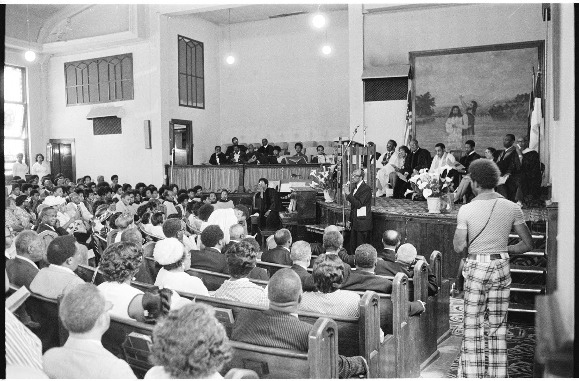 Image of Congregation at Mount Zion Baptist Church after murder of Alberta Williams King, Seattle, June 30, 1974