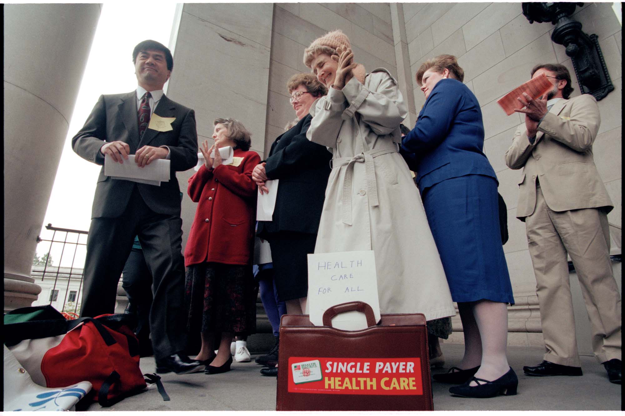 Image of Governor Gary Locke and health care program supporters, Olympia, April 22, 1997