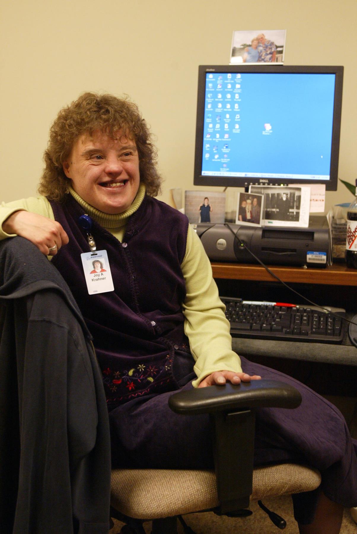 Image of Joy Krahner in her office at Boeing, Seattle, January 14, 2004