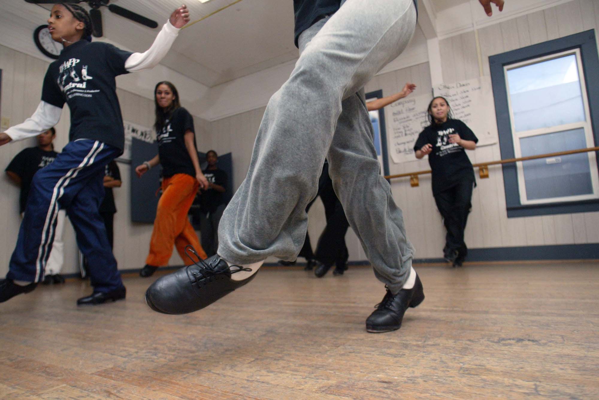 Image of Tap dance students practicing at TTAAPP Central studio, Seattle, January 2003
