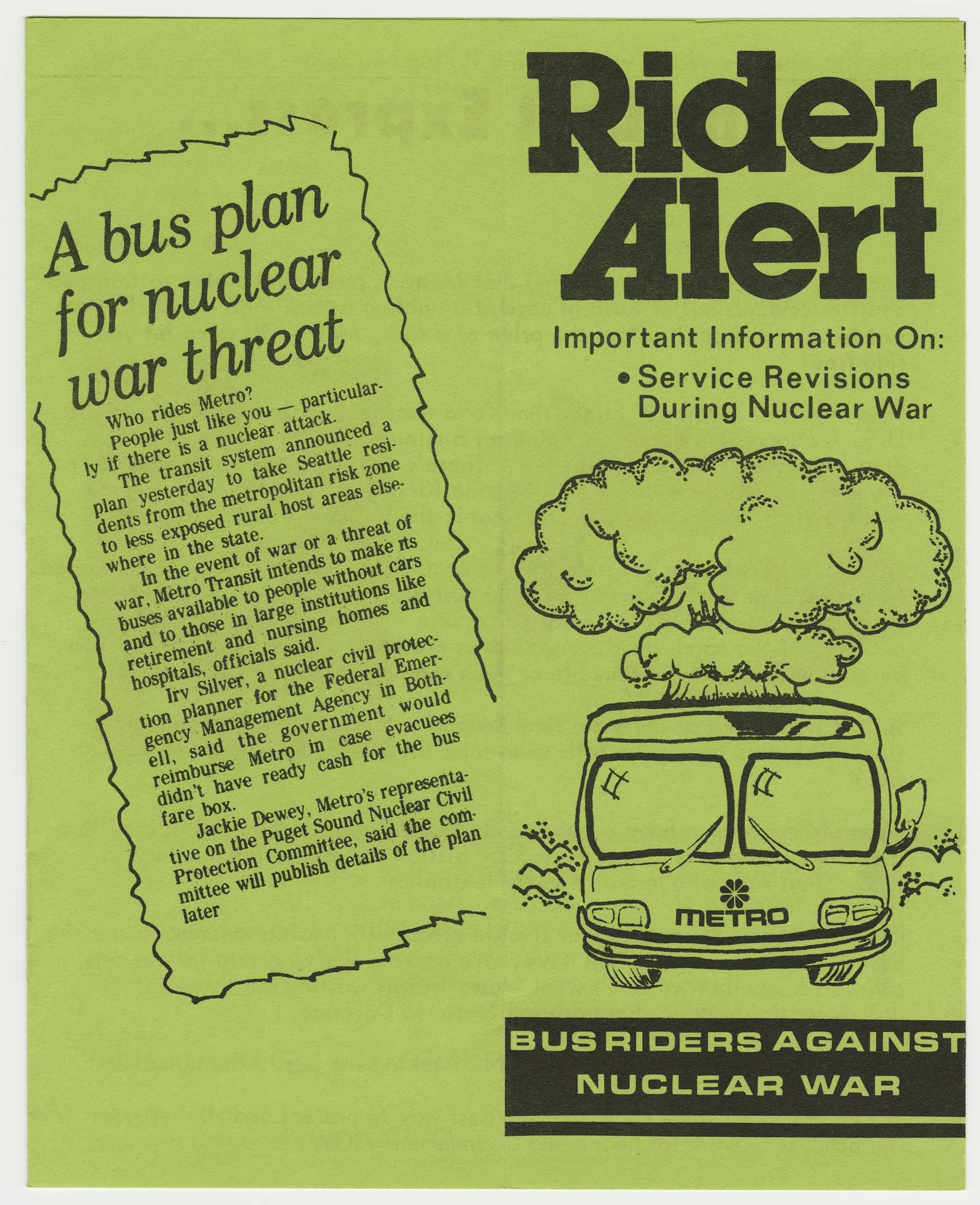 Image of Rider Alert, plan for nuclear war threat leaflet, April 1982