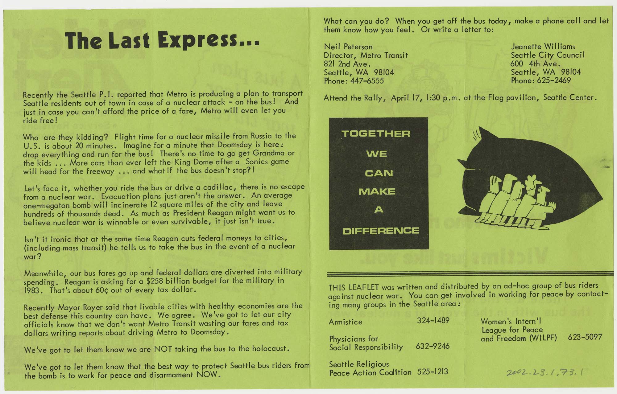 Image of Rider Alert, plan for nuclear war threat leaflet, April 1982