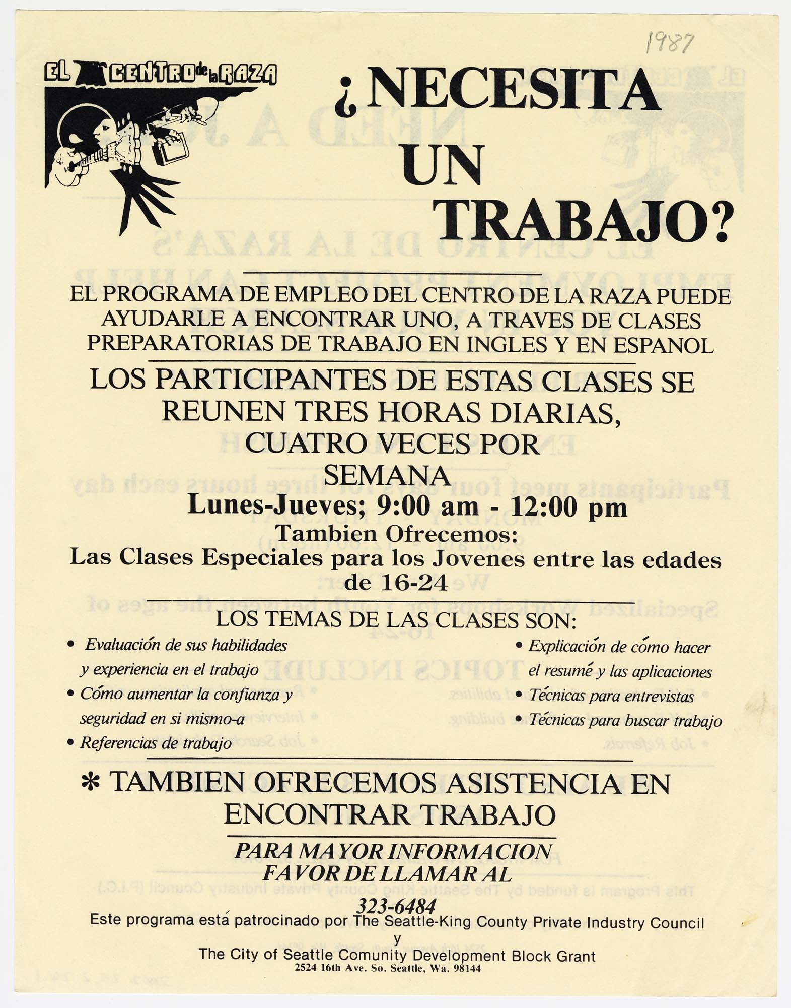 Image of Necesita un trabajo?/ Need a job flier for program at El Centro de la Raza, 1987