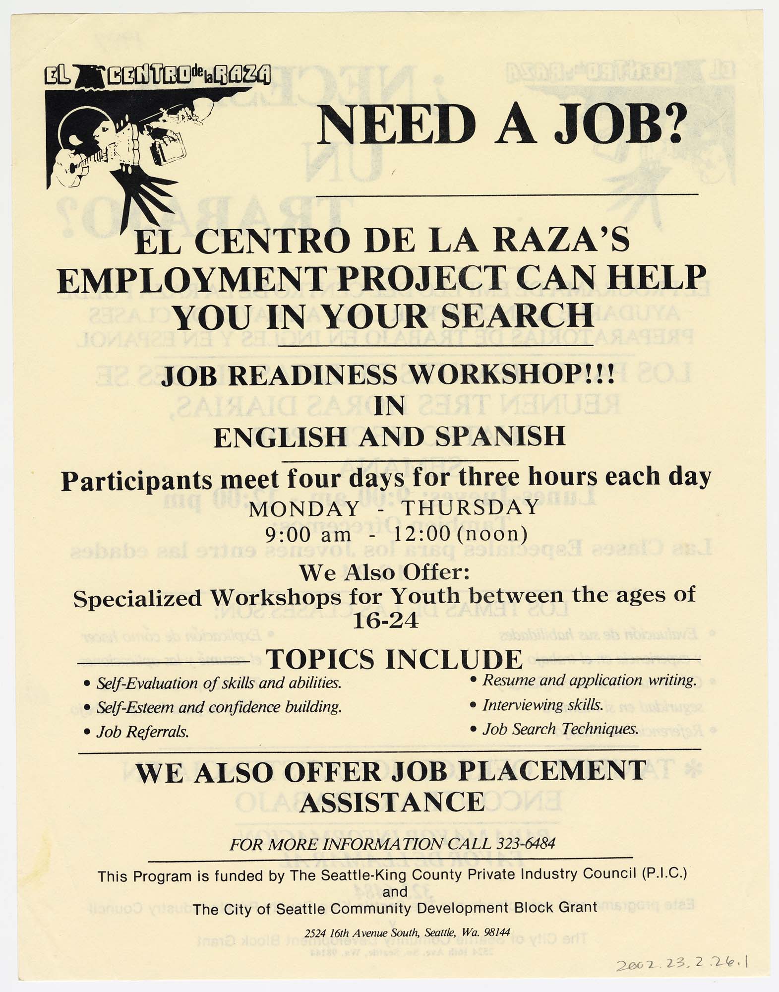 Image of Necesita un trabajo?/ Need a job flier for program at El Centro de la Raza, 1987