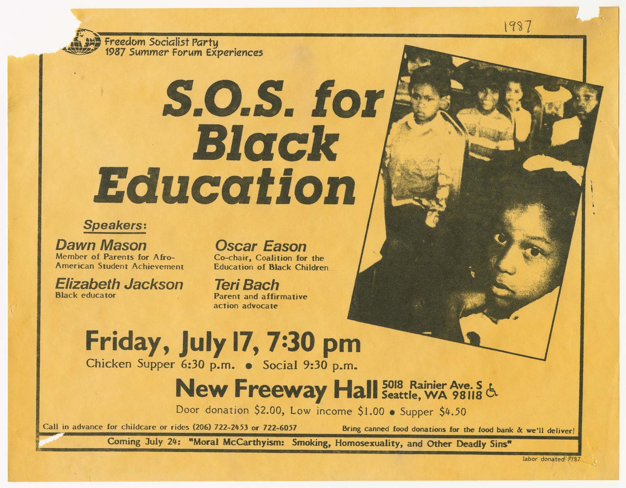 Image of S.O.S. for Black Education, flier from Freedom Socialist Party, 1987