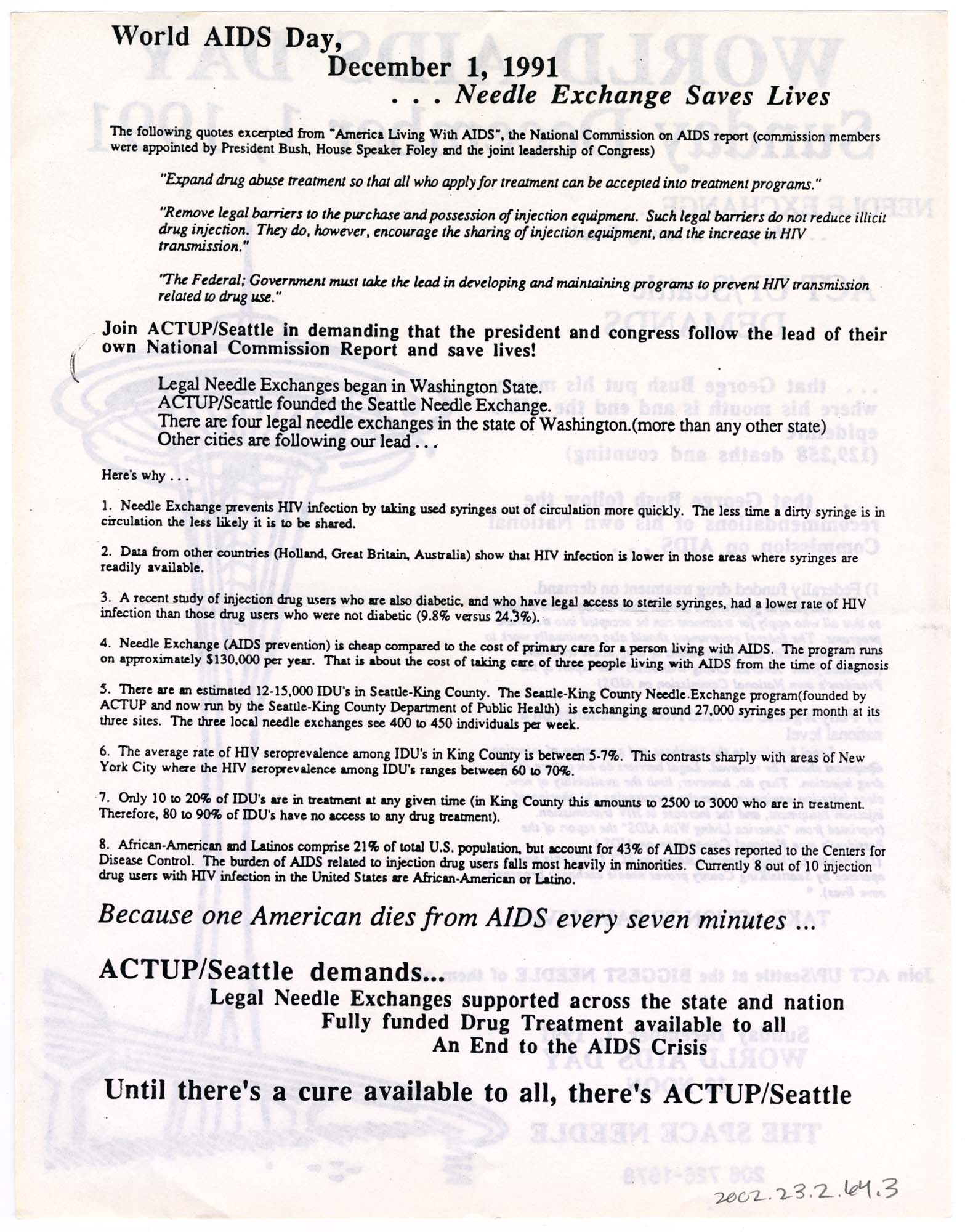 Image of ACT UP/Seattle flier for World AIDS Day rally at Seattle Center, 1991