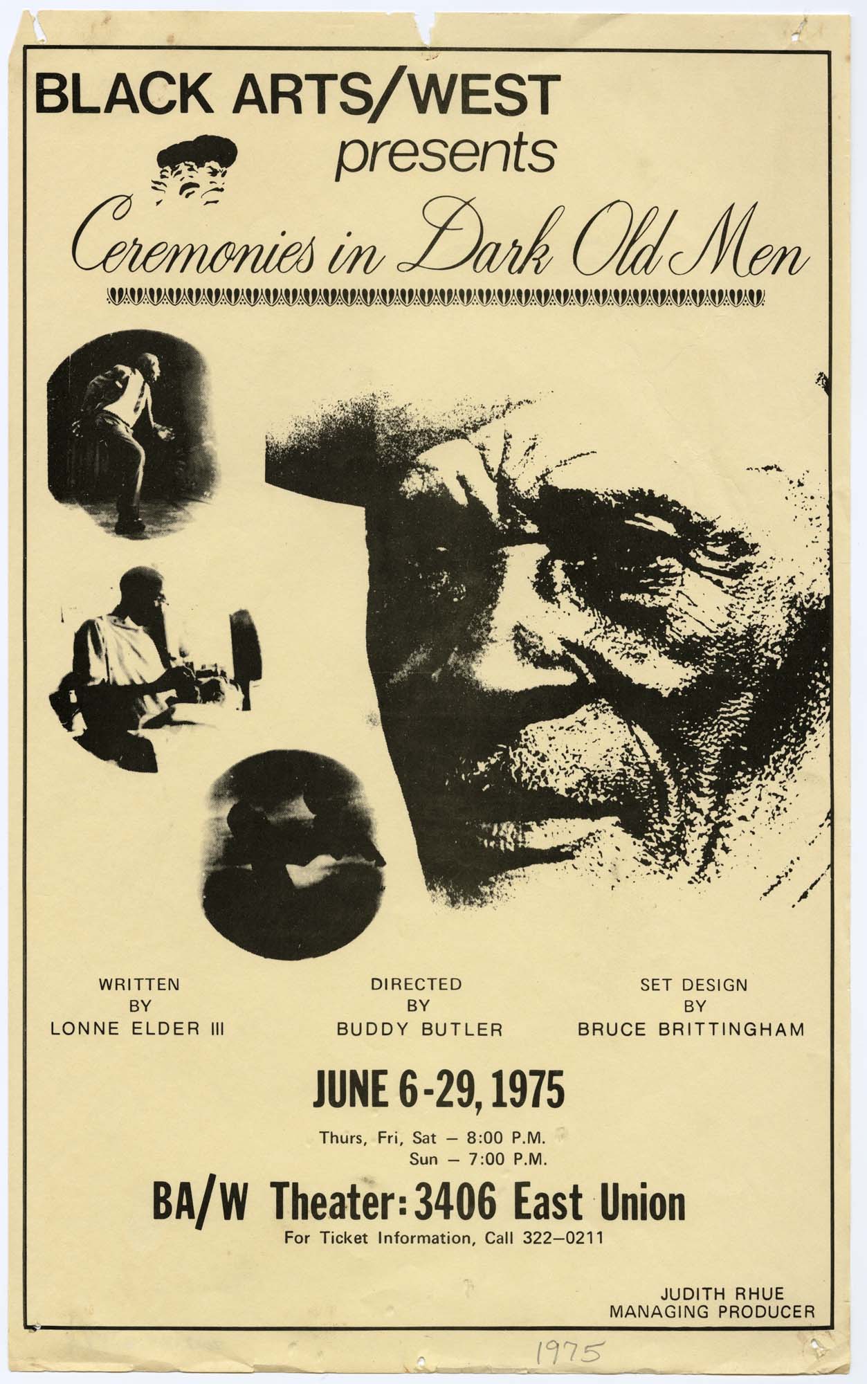 Image of Black Arts/West presents Ceremonies in Dark Old Men poster, June 1975