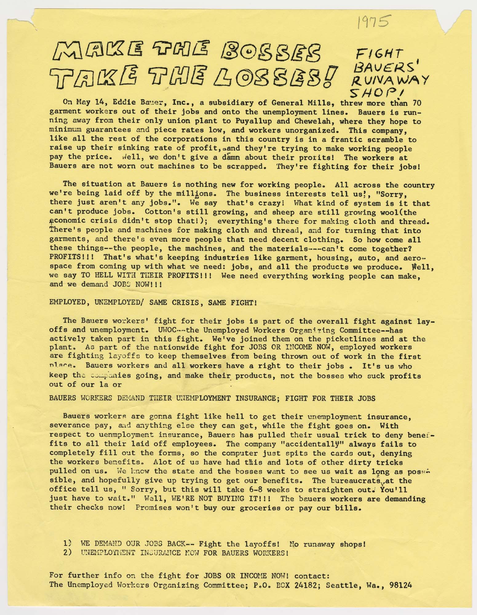 Image of Make the bosses take the losses! flier, Seattle, May 1975