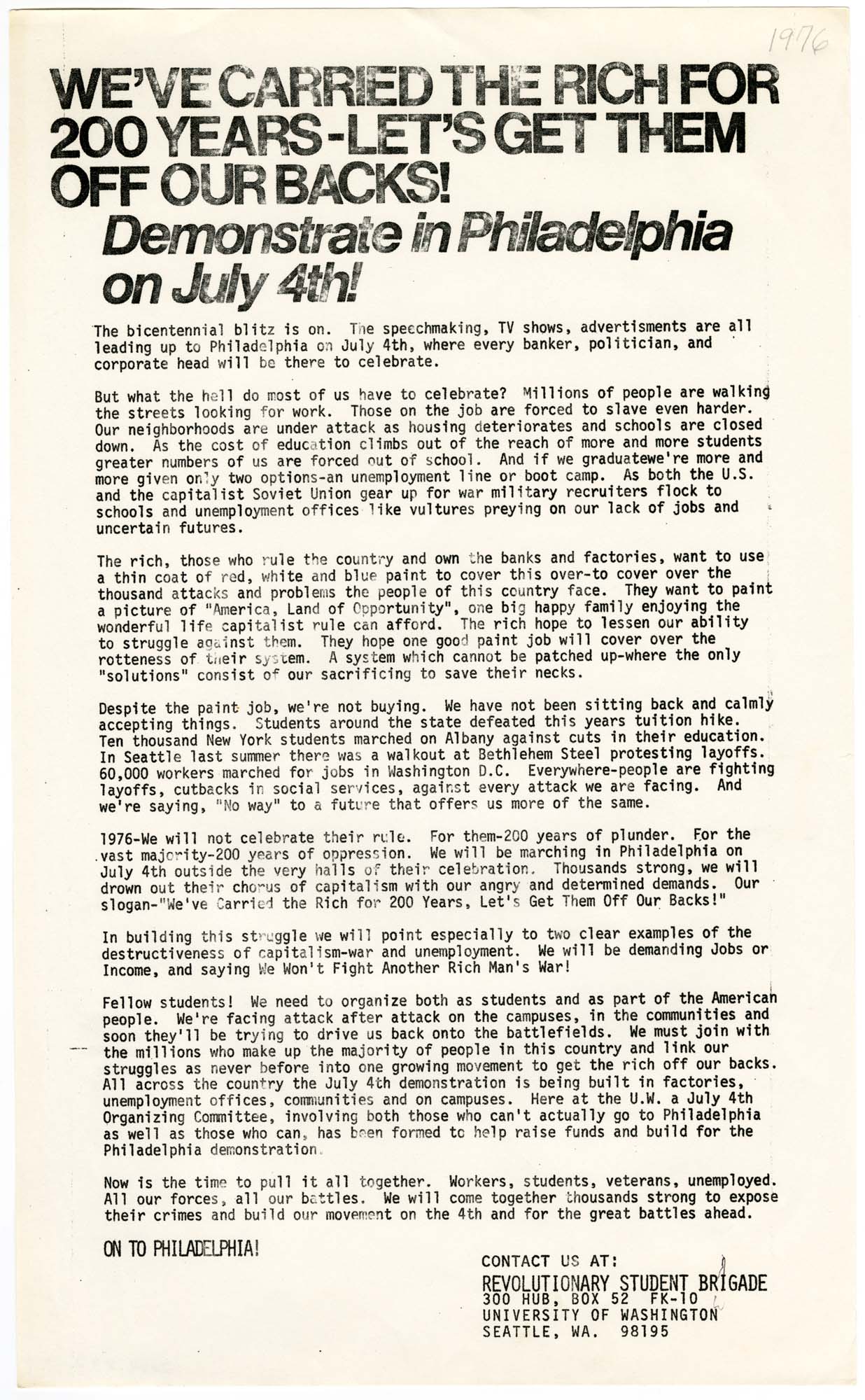 Image of Poster for demonstration in Philadelphial, July 4, 1976